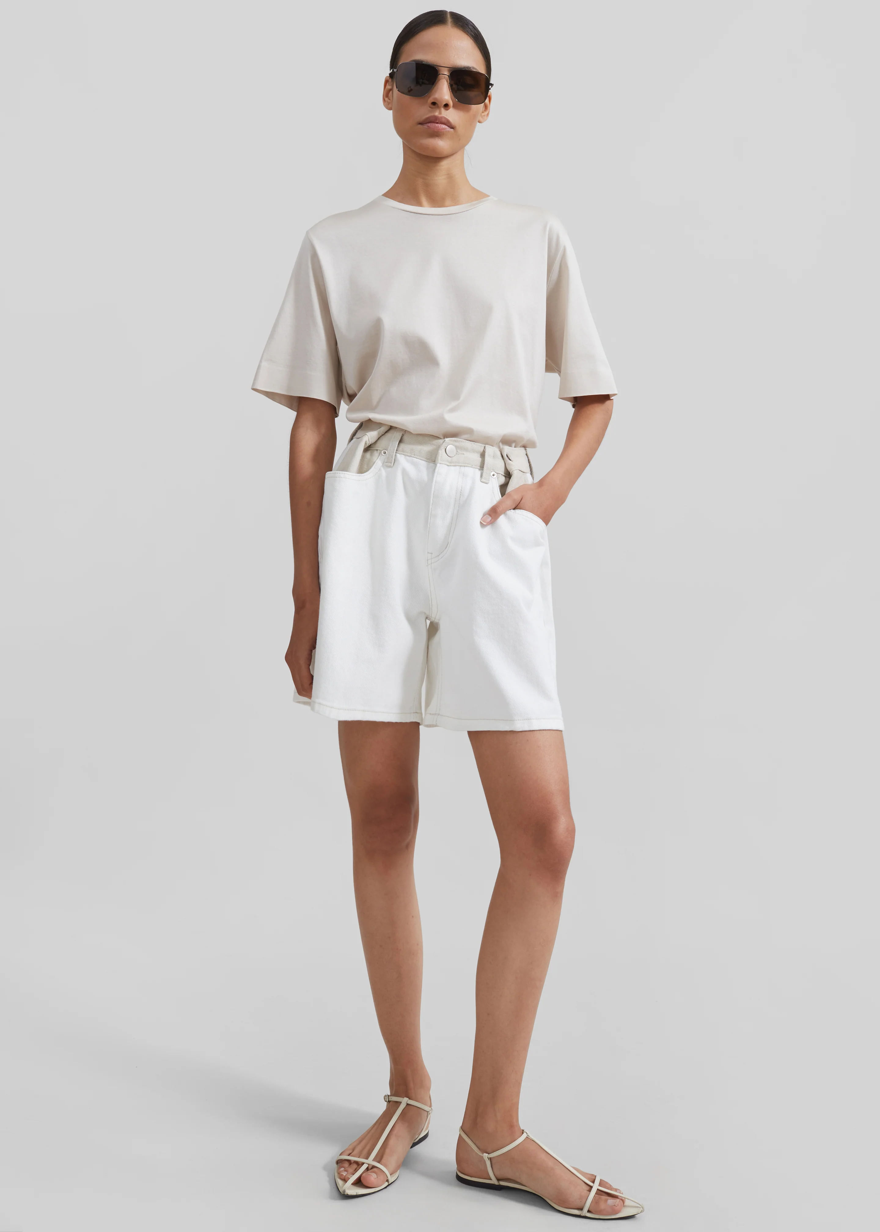Hayla Contrast Denim Shorts - Off White/Beige - Image 5