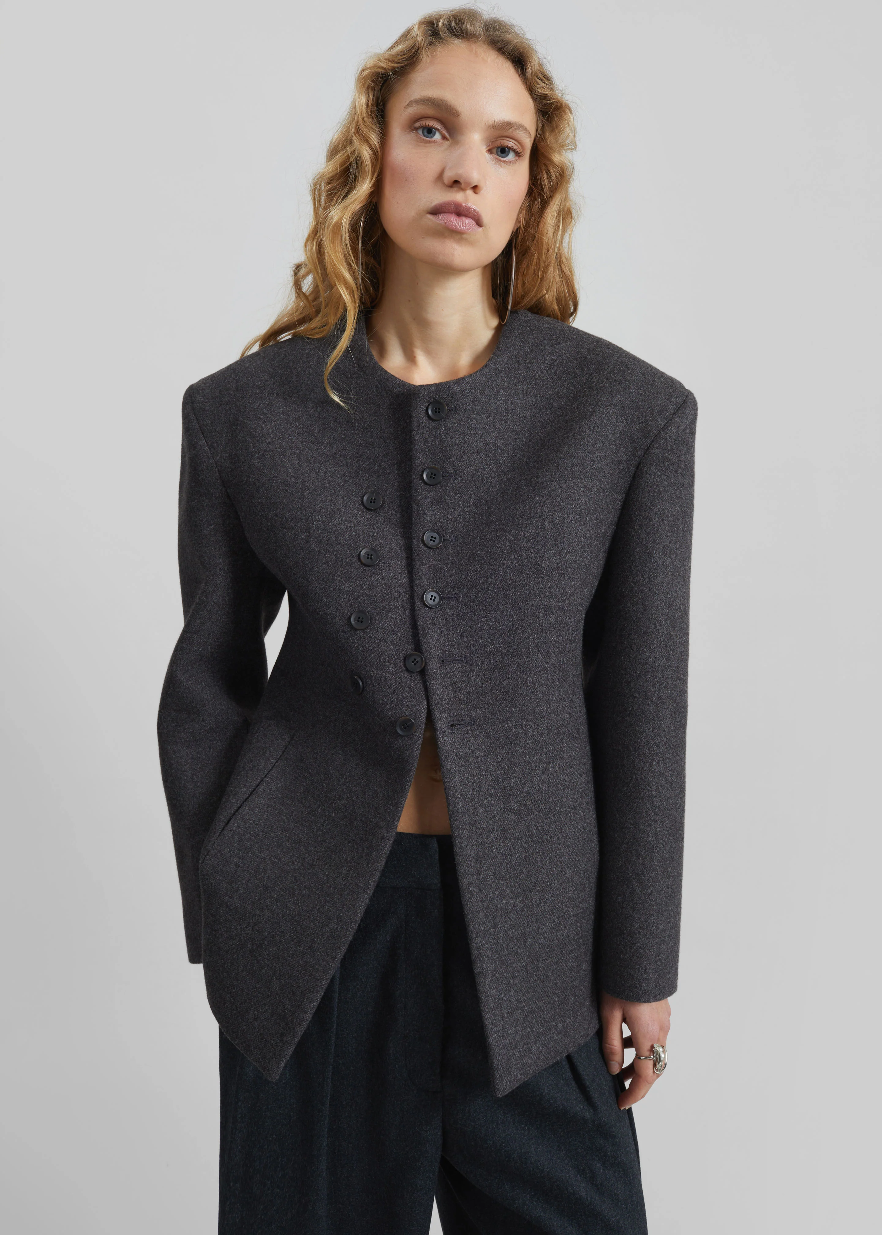 Helga Collarless Tailored Blazer - Dark Grey - Image 2