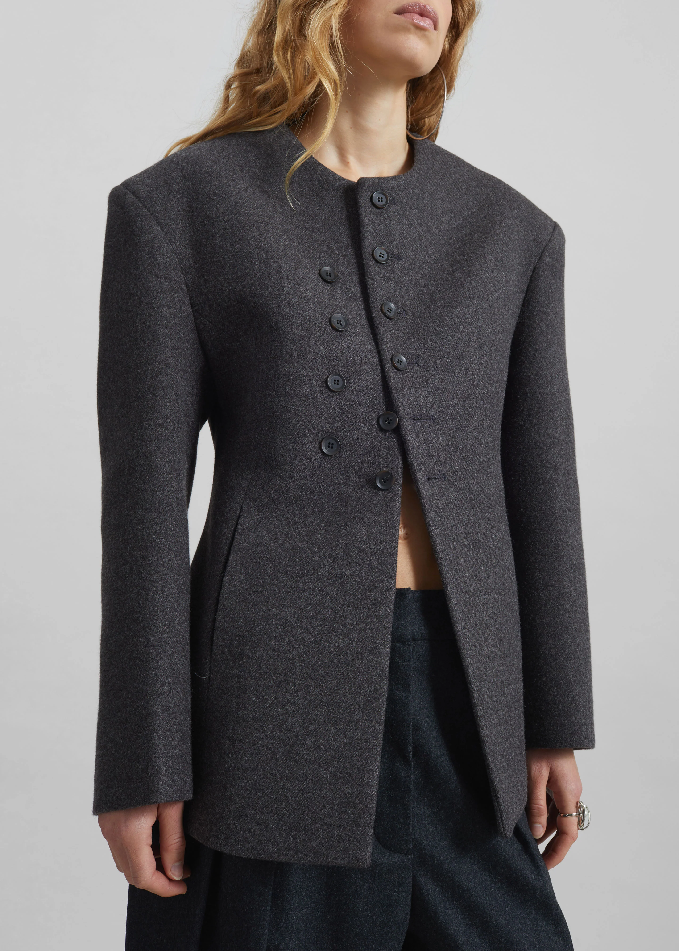 Helga Collarless Tailored Blazer - Dark Grey - Image 4