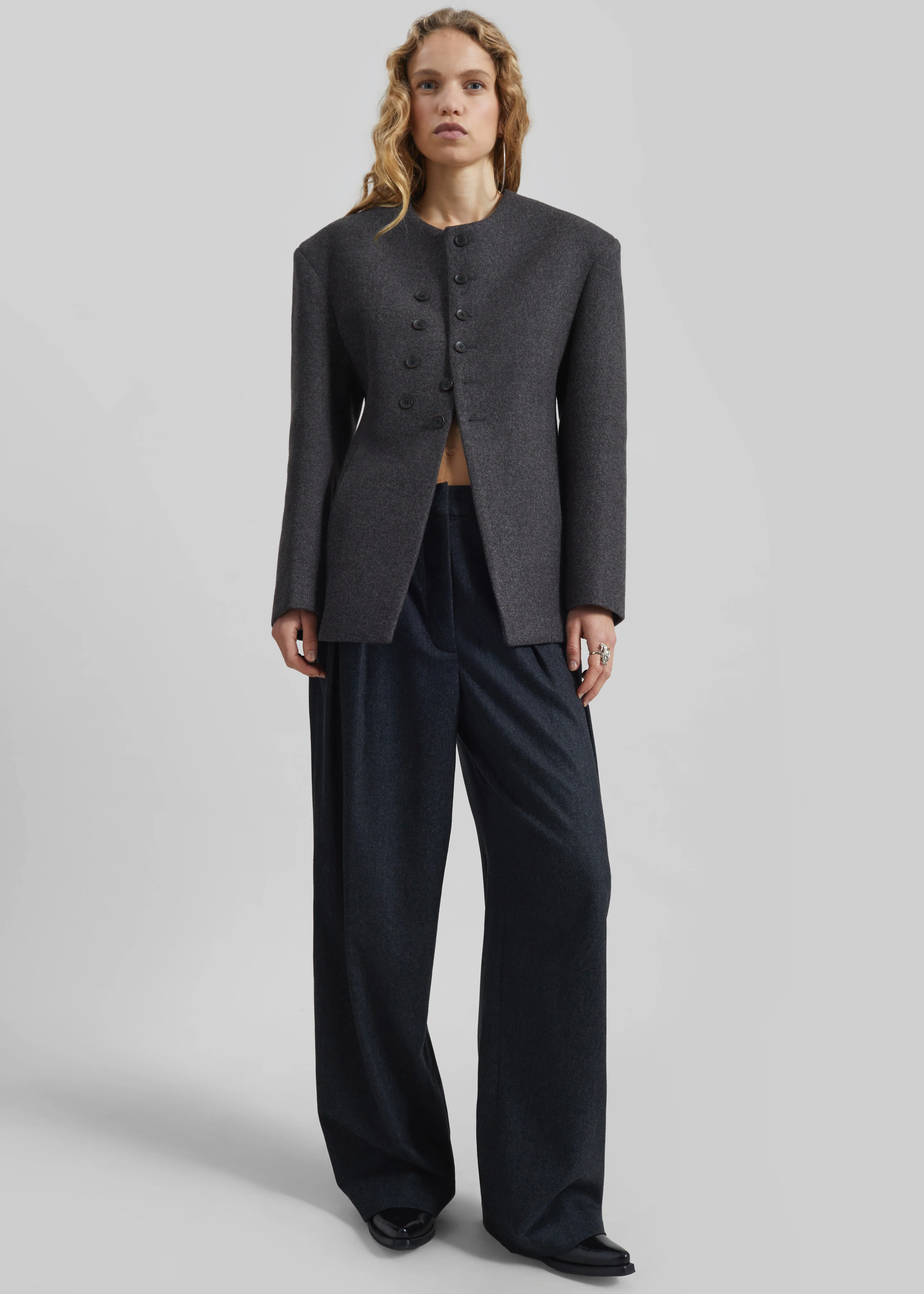 Helga Collarless Tailored Blazer - Dark Grey - Image 5
