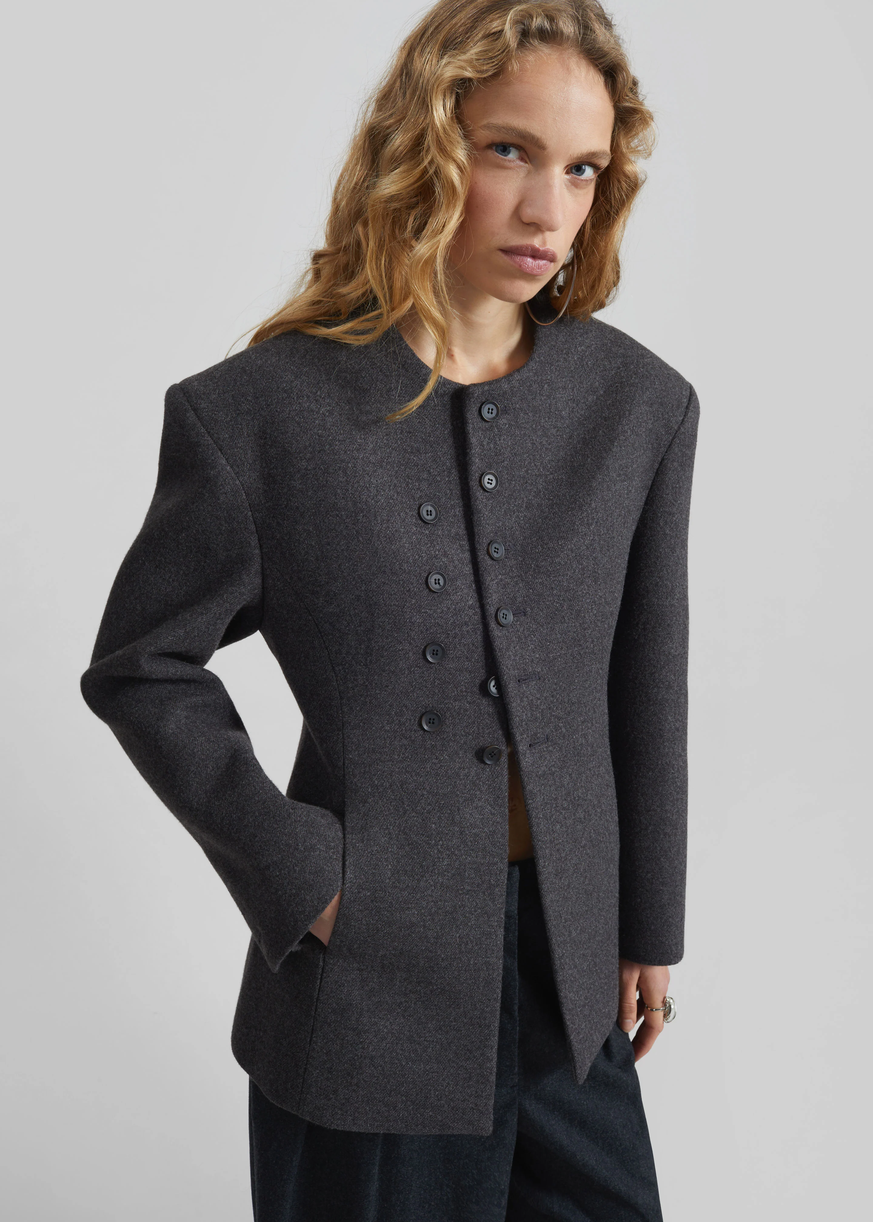 Helga Collarless Tailored Blazer - Dark Grey - Image 6