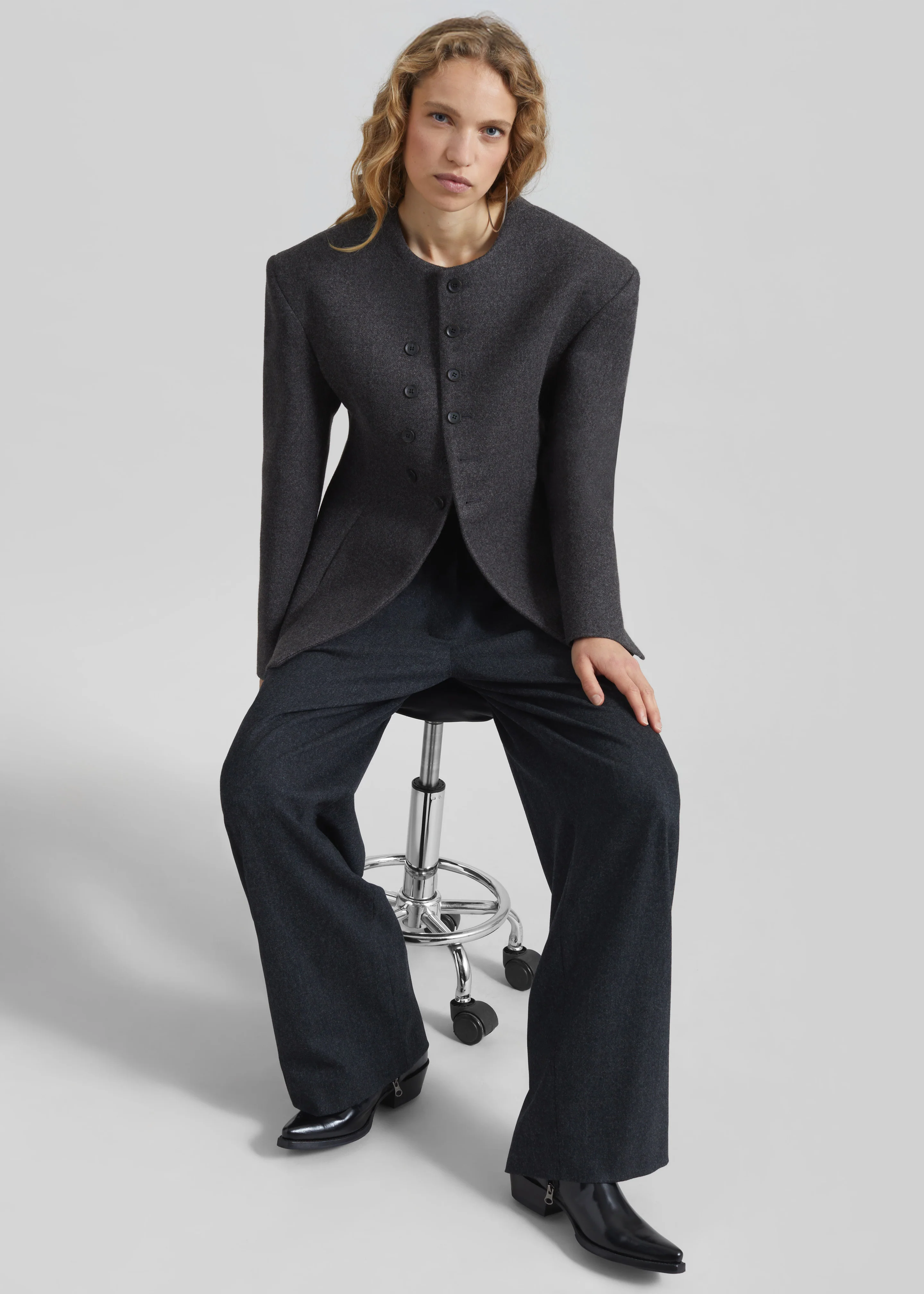 Helga Collarless Tailored Blazer - Dark Grey - Image 7