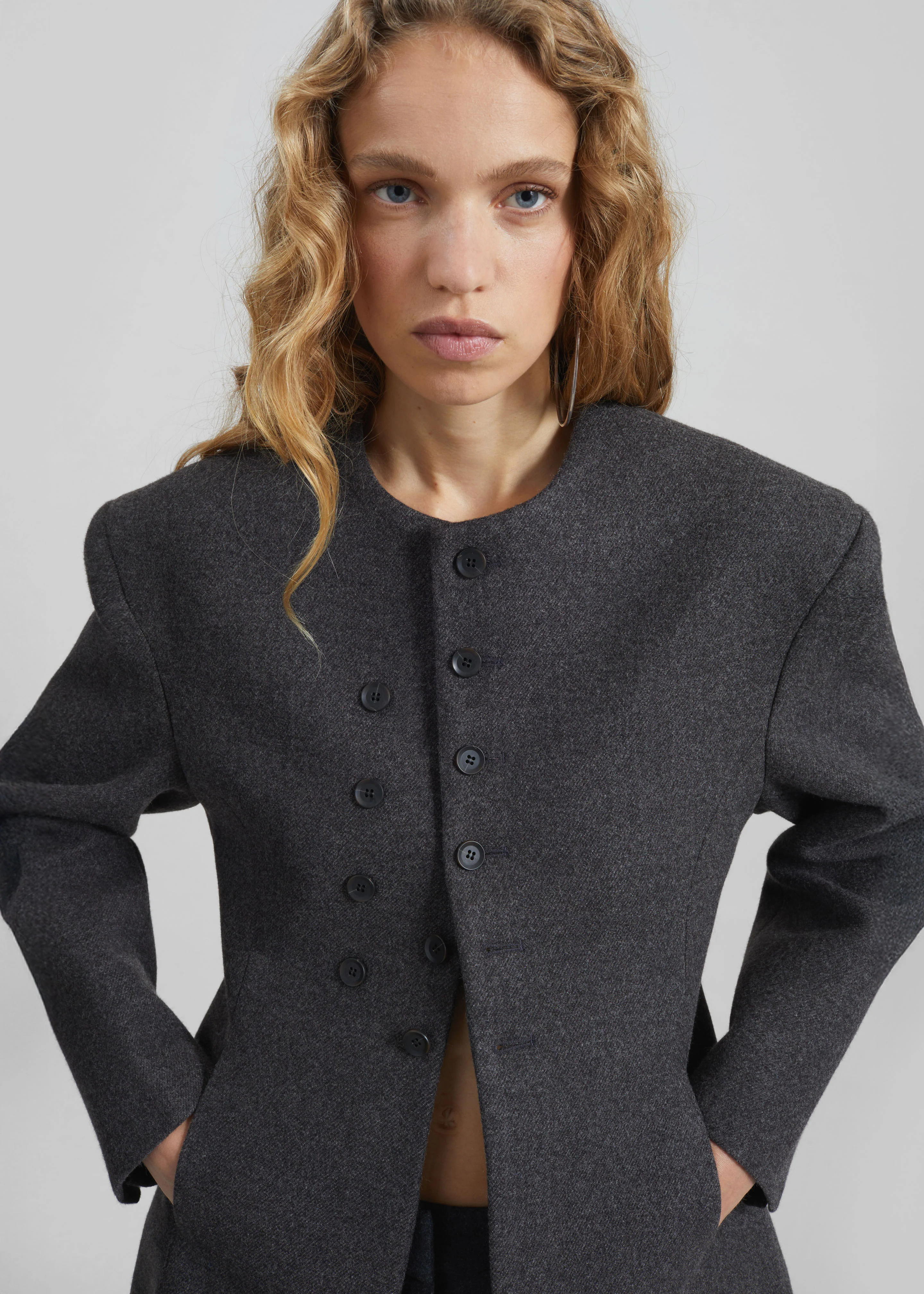 Helga Collarless Tailored Blazer - Dark Grey - Image 8
