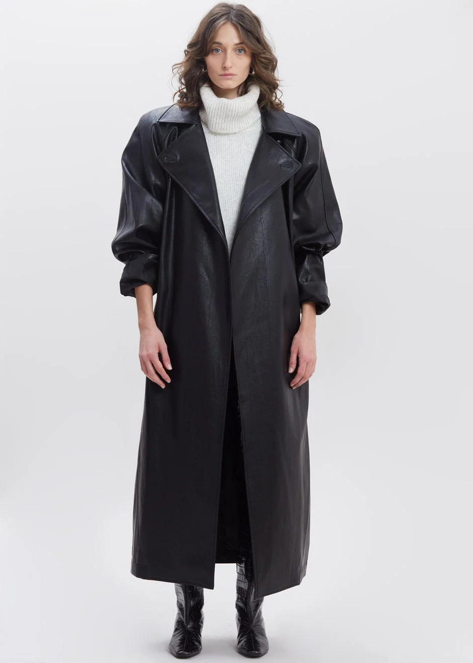 Henna Oversized Faux Leather Trench - Black - Image 10