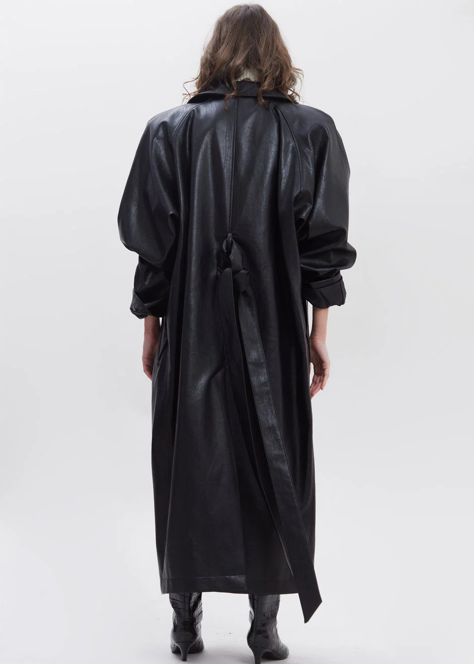 Henna Oversized Faux Leather Trench - Black - Image 11