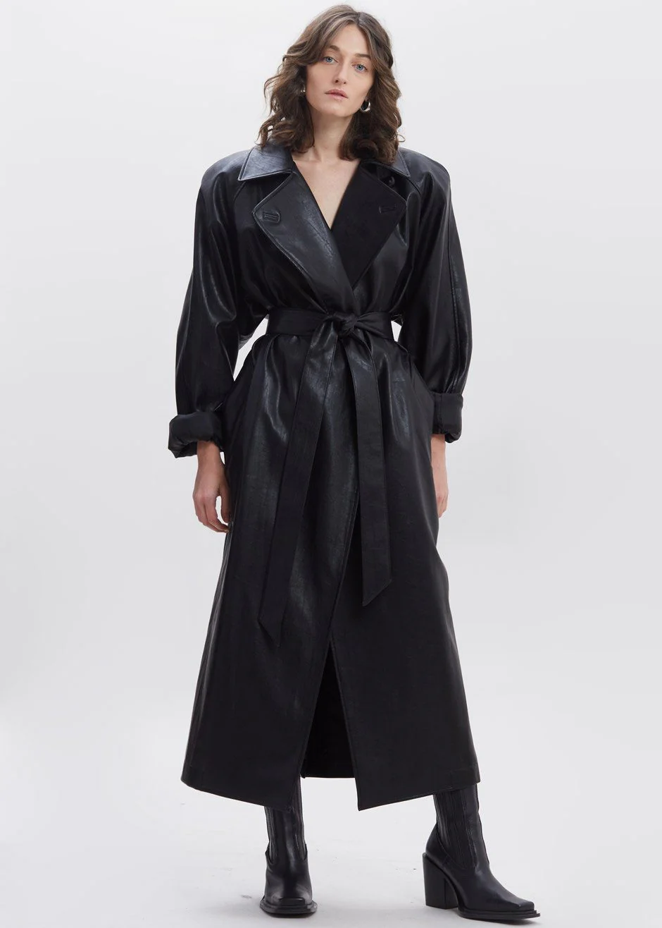 Henna Oversized Faux Leather Trench - Black - Image 4