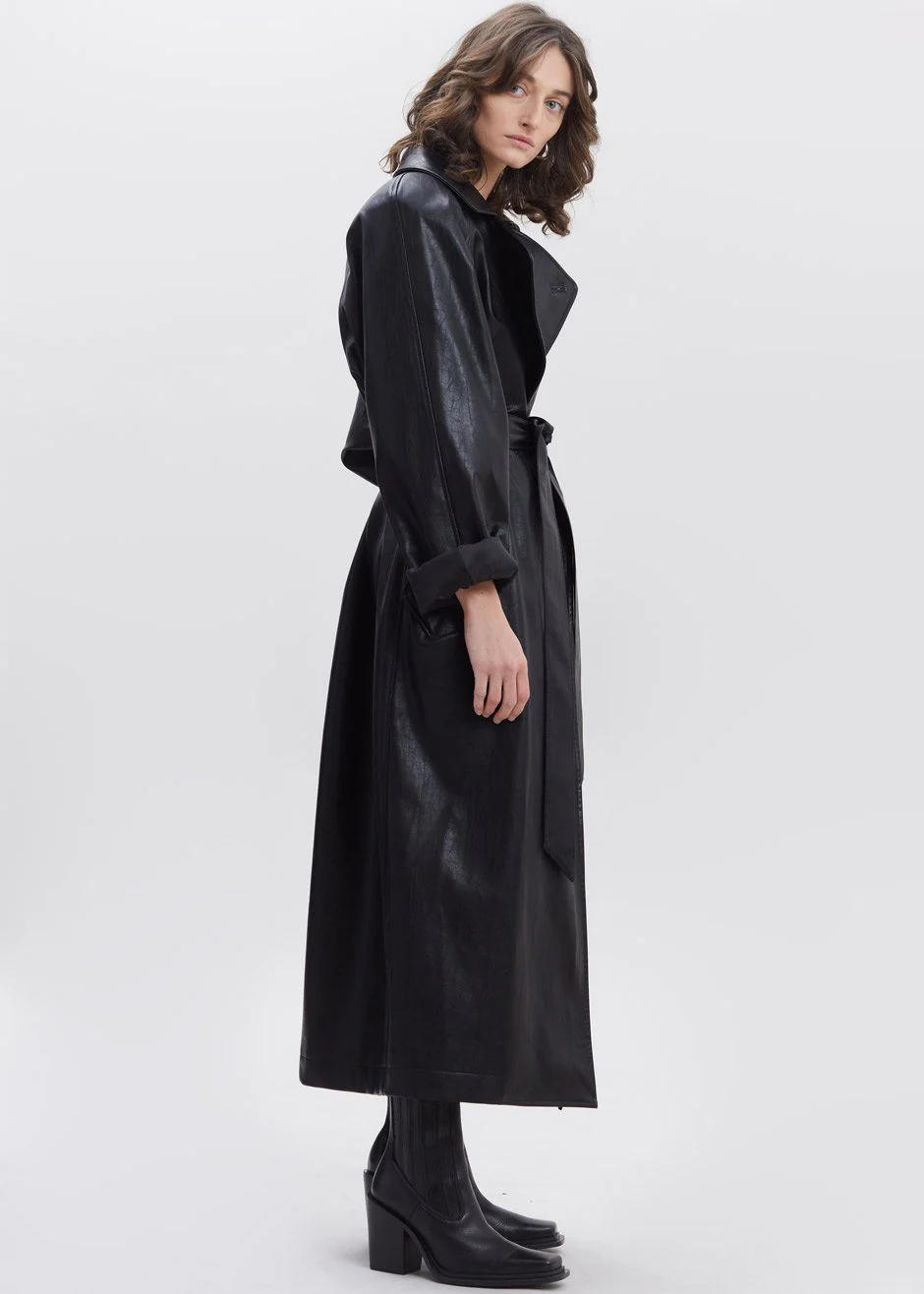Henna Oversized Faux Leather Trench - Black - Image 5