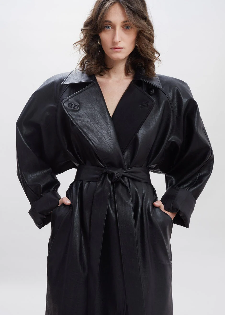 Henna Oversized Faux Leather Trench - Black - Image 7