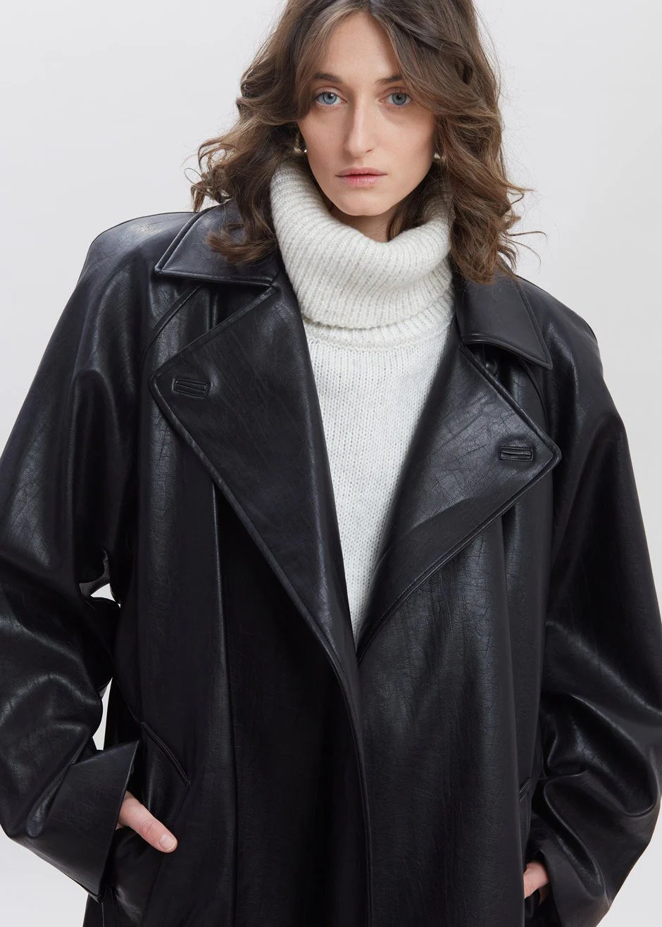 Henna Oversized Faux Leather Trench - Black - Image 9