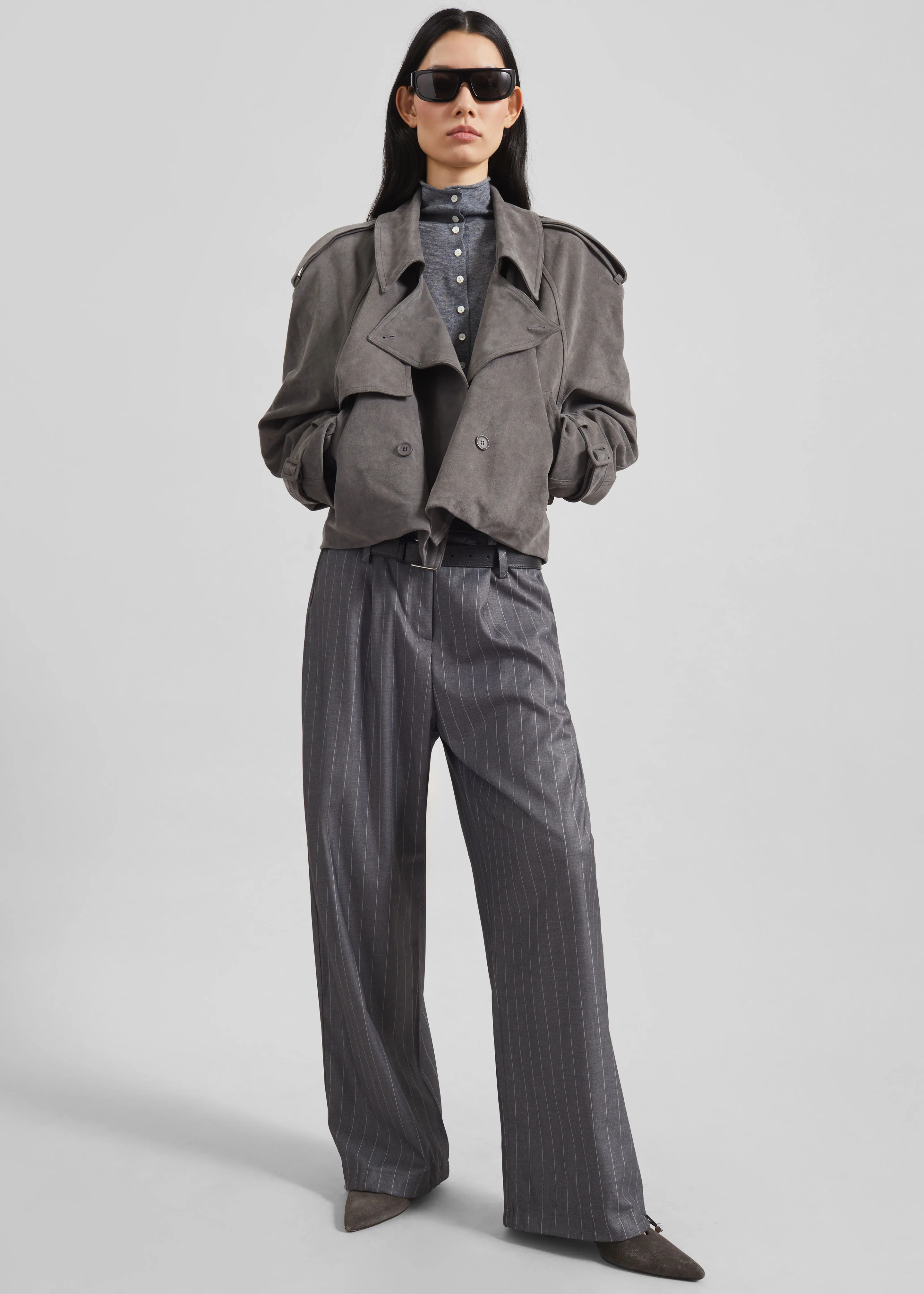 Islington Faux Suede Cropped Trench - Grey - Image 2