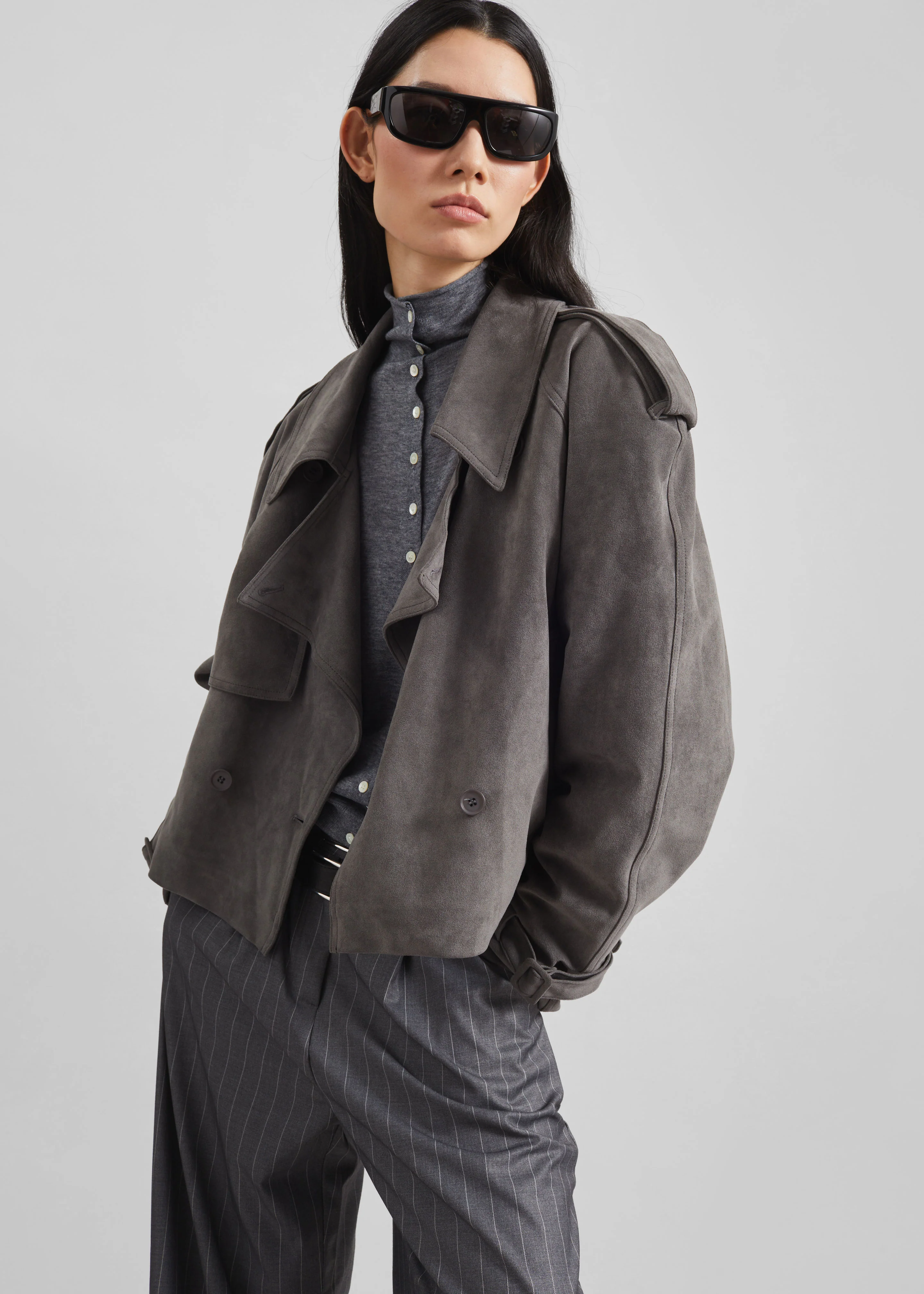 Islington Faux Suede Cropped Trench - Grey - Image 3