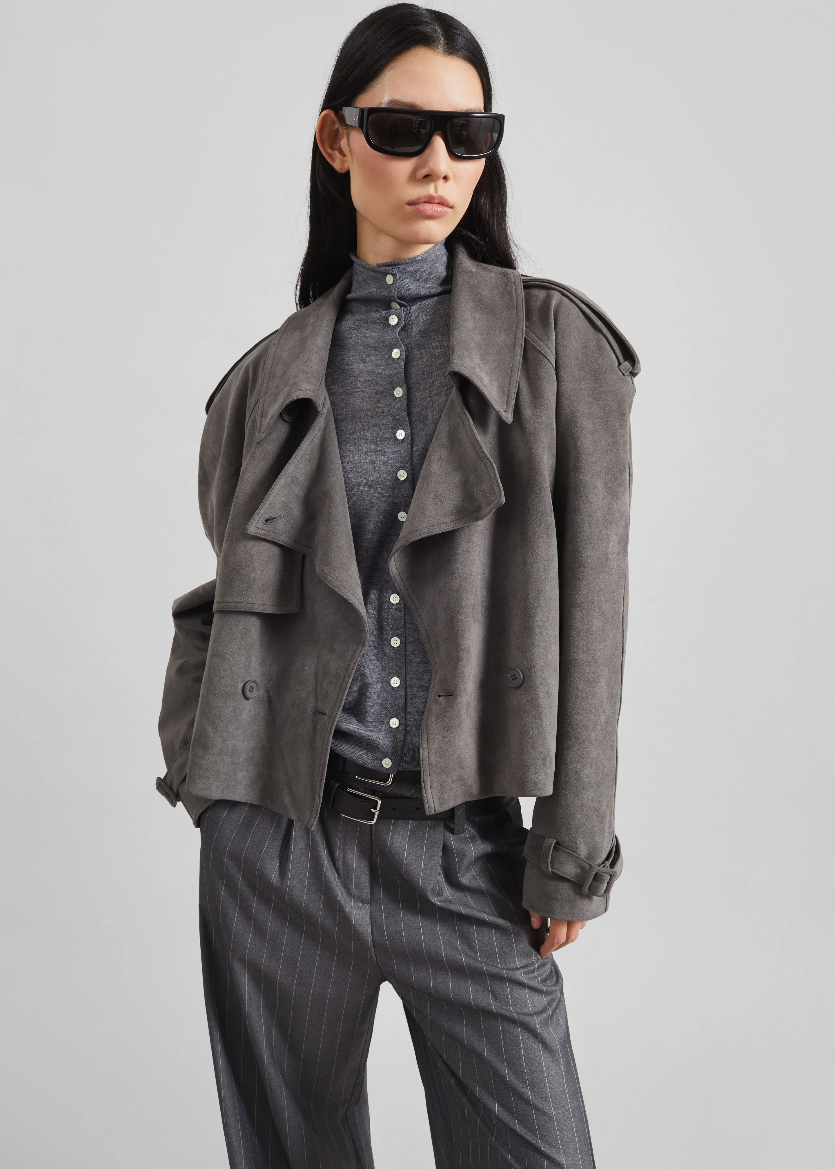 Islington Faux Suede Cropped Trench - Grey - Image 7