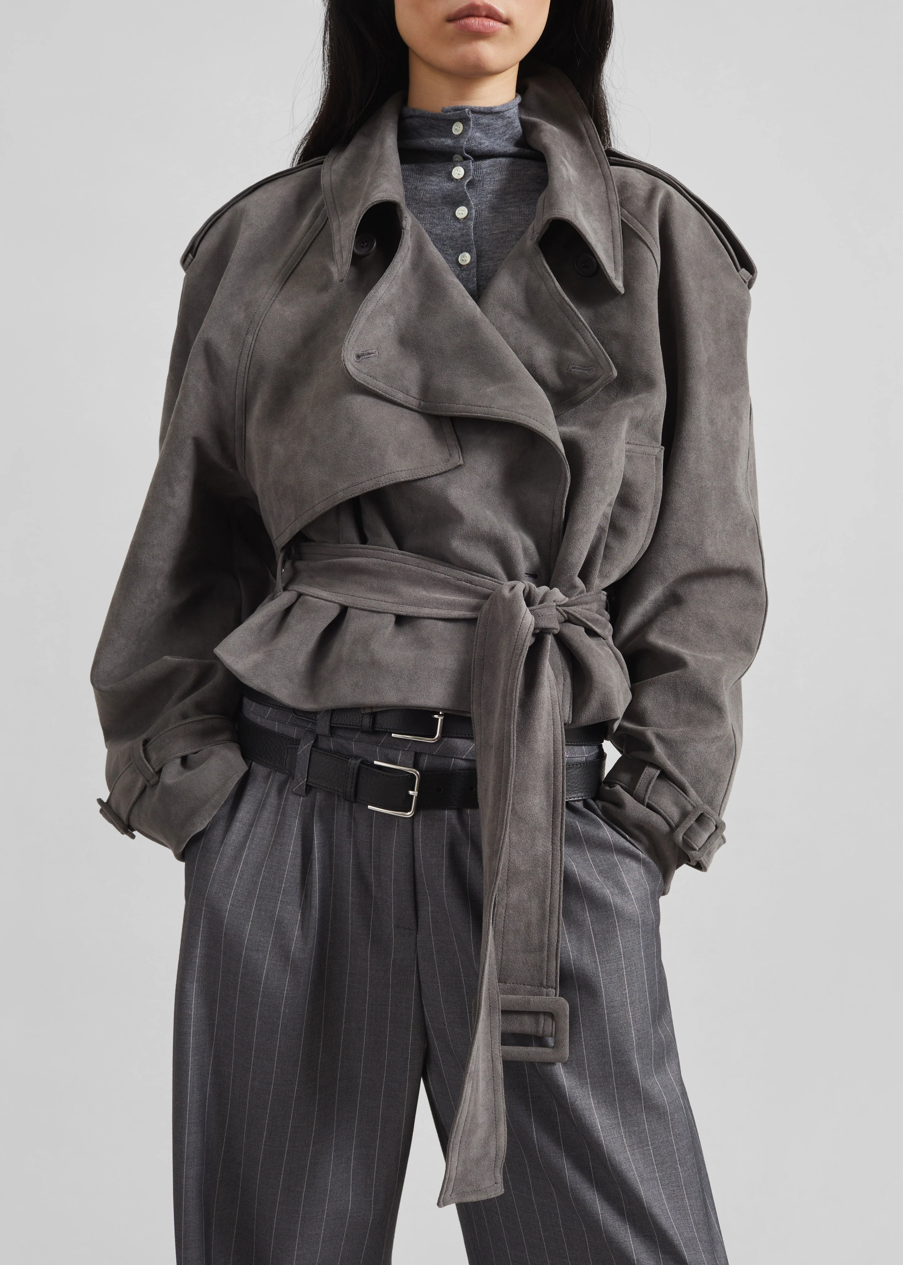 Islington Faux Suede Cropped Trench - Grey - Image 8