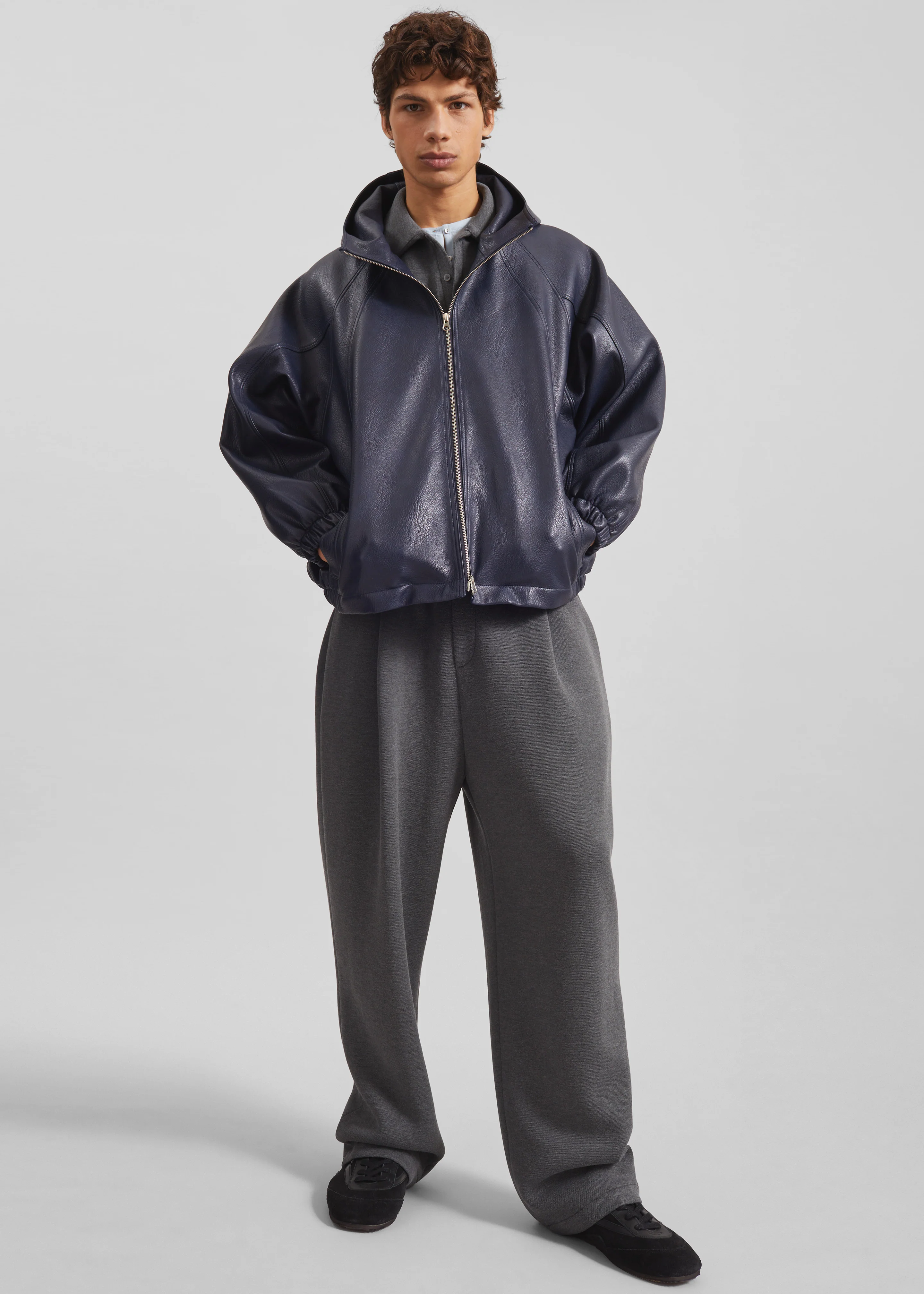 Iver Faux Leather Hooded Jacket - Navy - Image 4