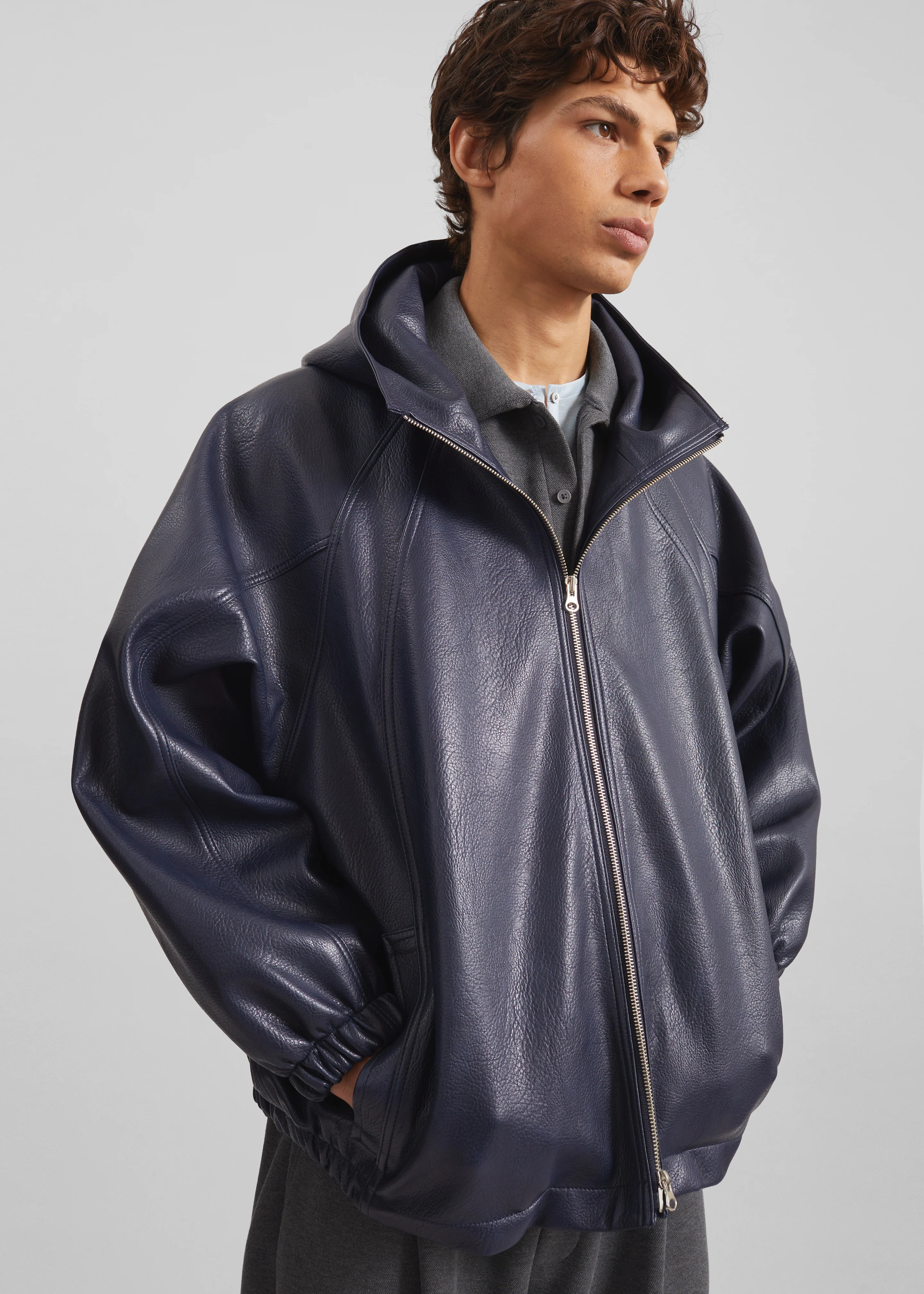 Iver Faux Leather Hooded Jacket - Navy - Image 5