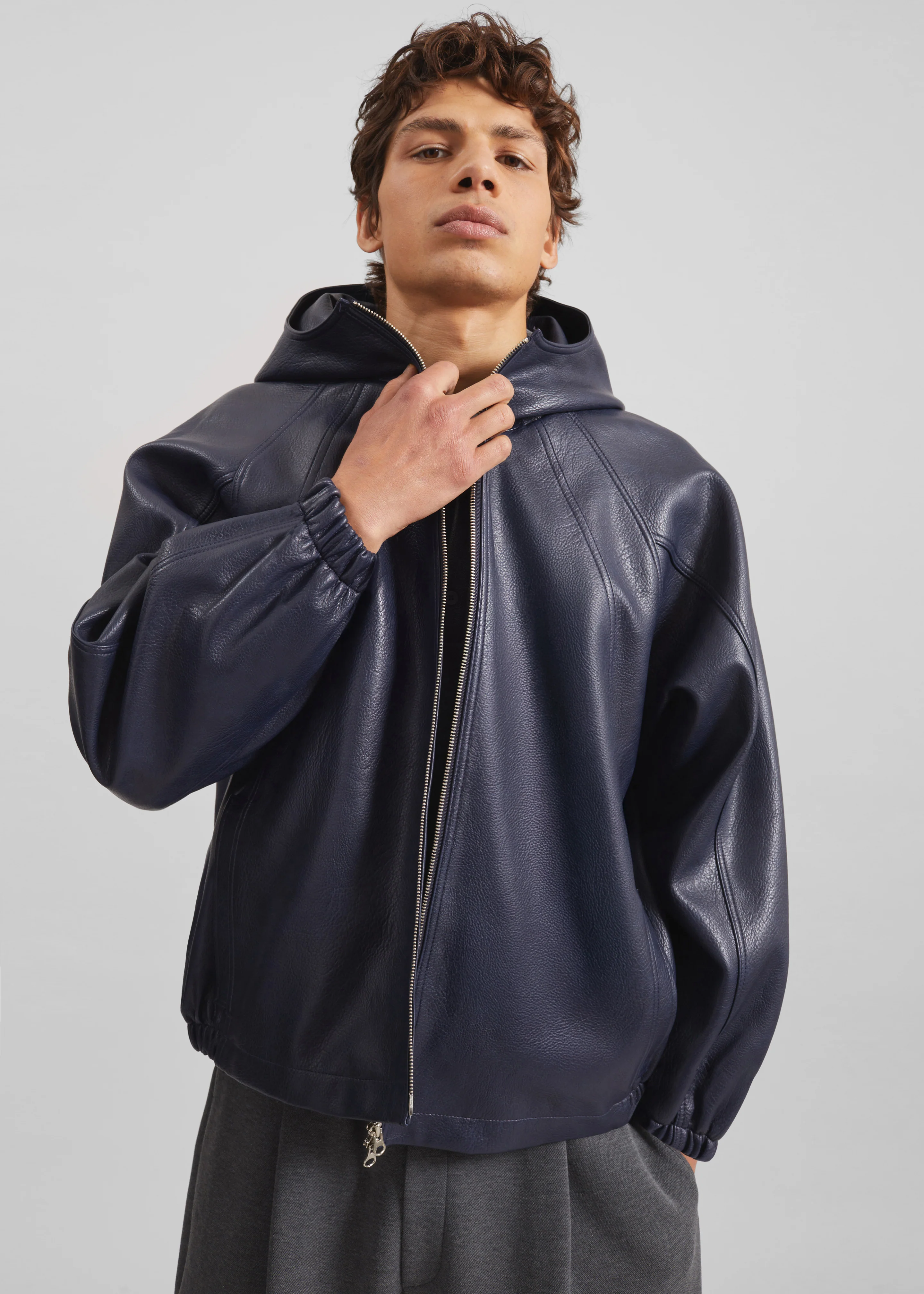 Iver Faux Leather Hooded Jacket - Navy - Image 6
