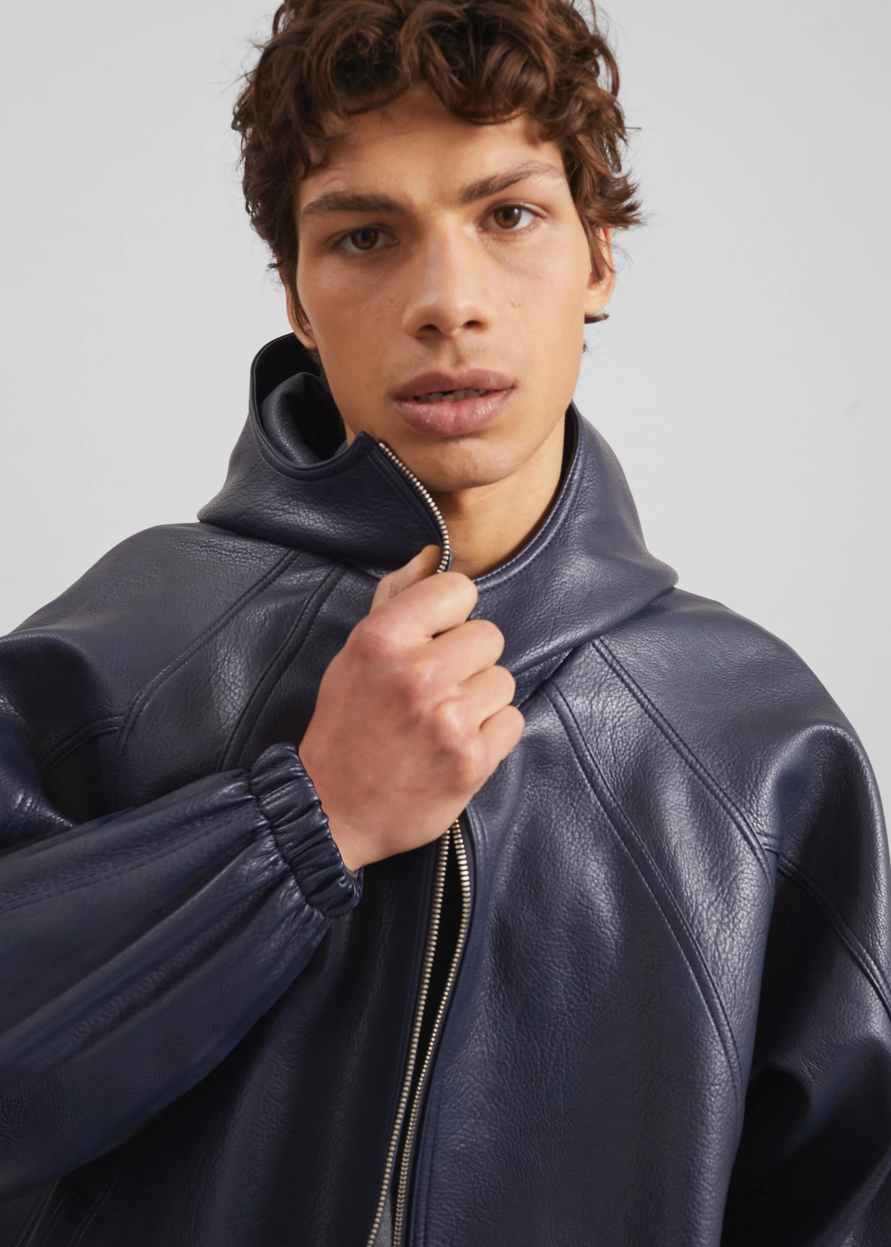 Iver Faux Leather Hooded Jacket - Navy - Image 7