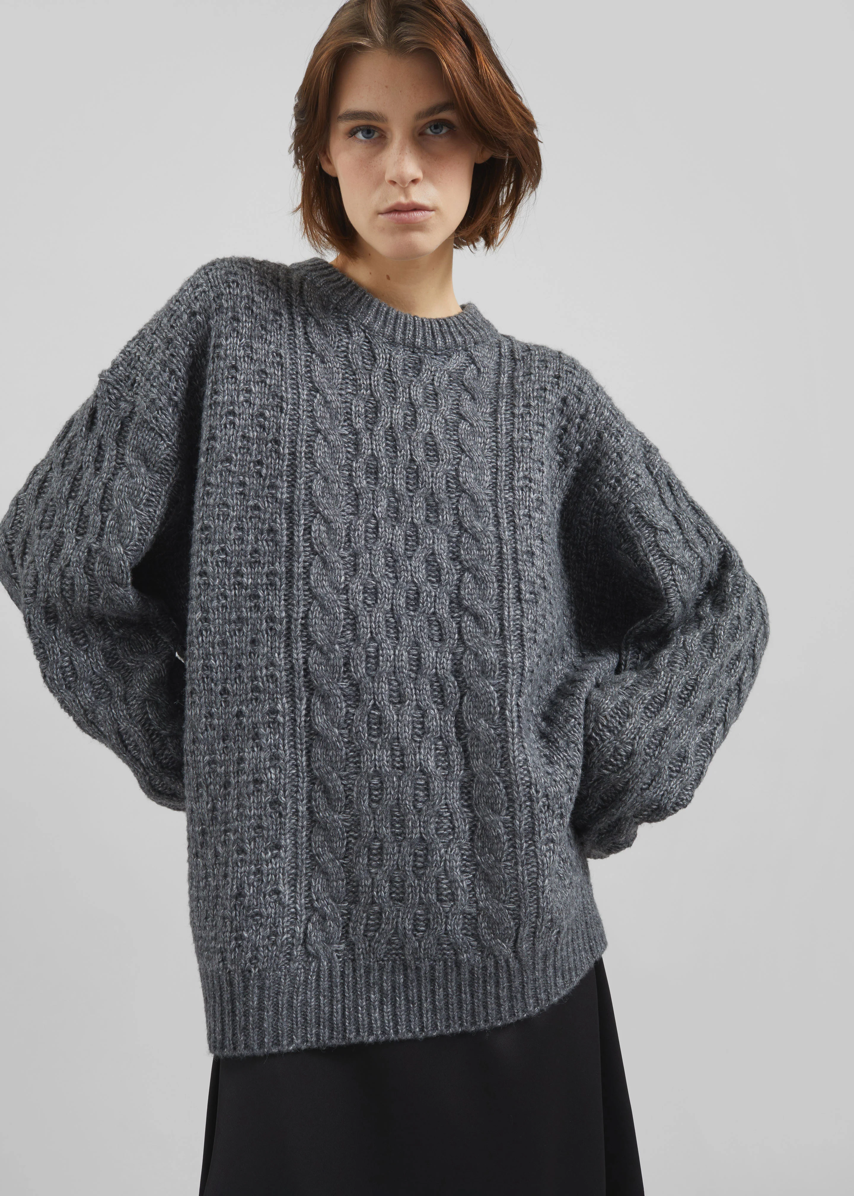 Janesen Oversized Cable Knit Sweater - Grey Melange - Image 2