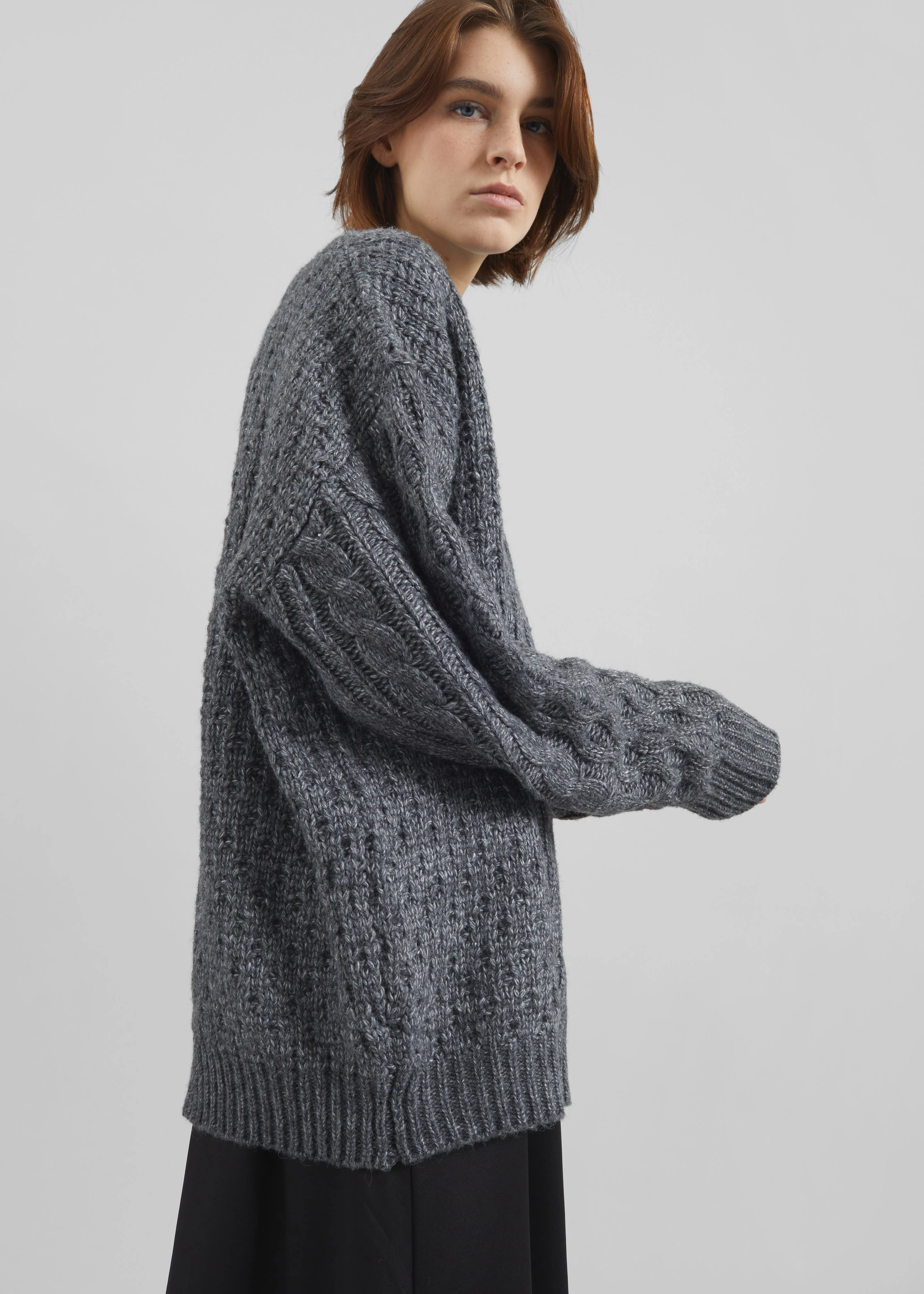 Janesen Oversized Cable Knit Sweater - Grey Melange - Image 3