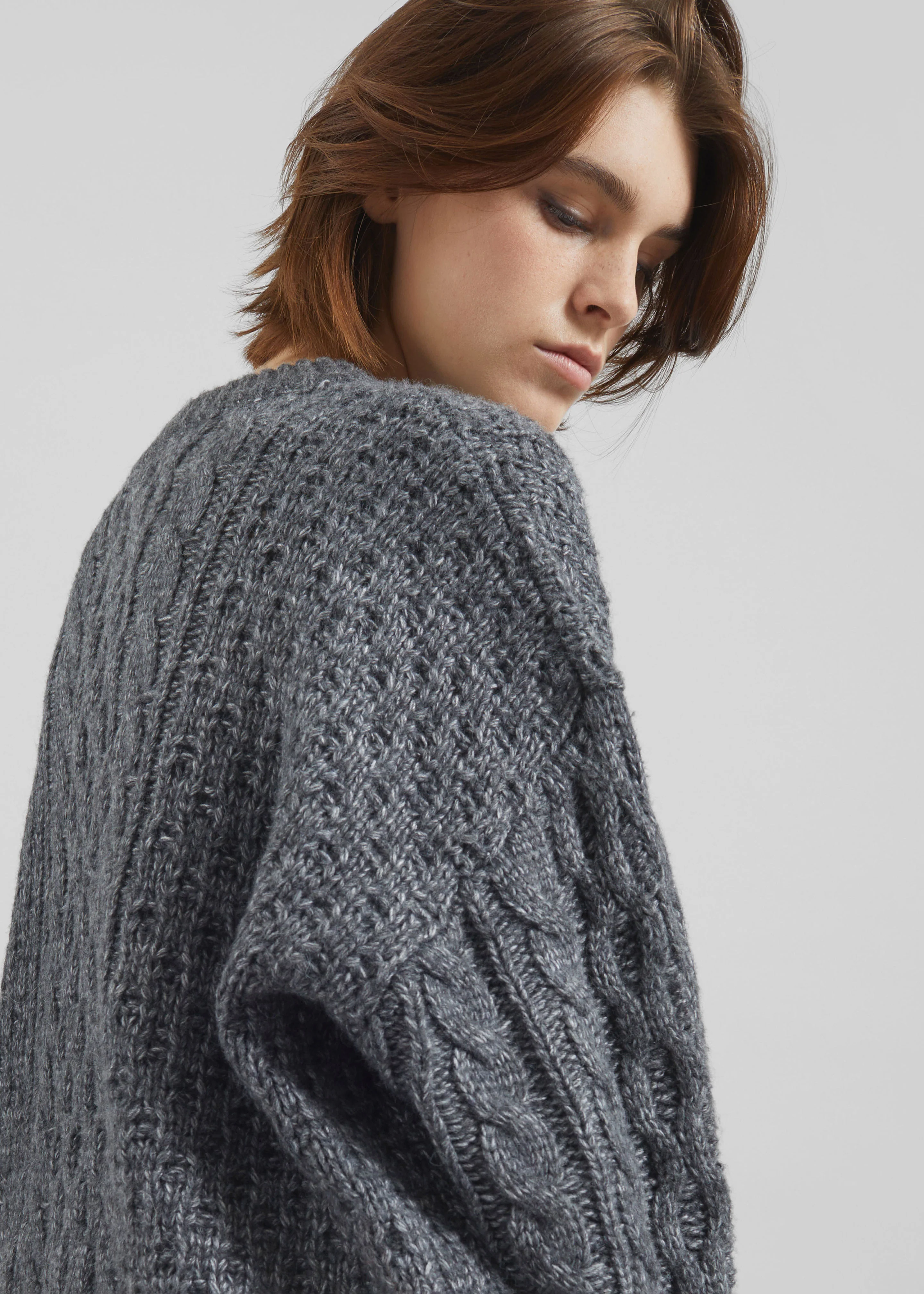 Janesen Oversized Cable Knit Sweater - Grey Melange - Image 4