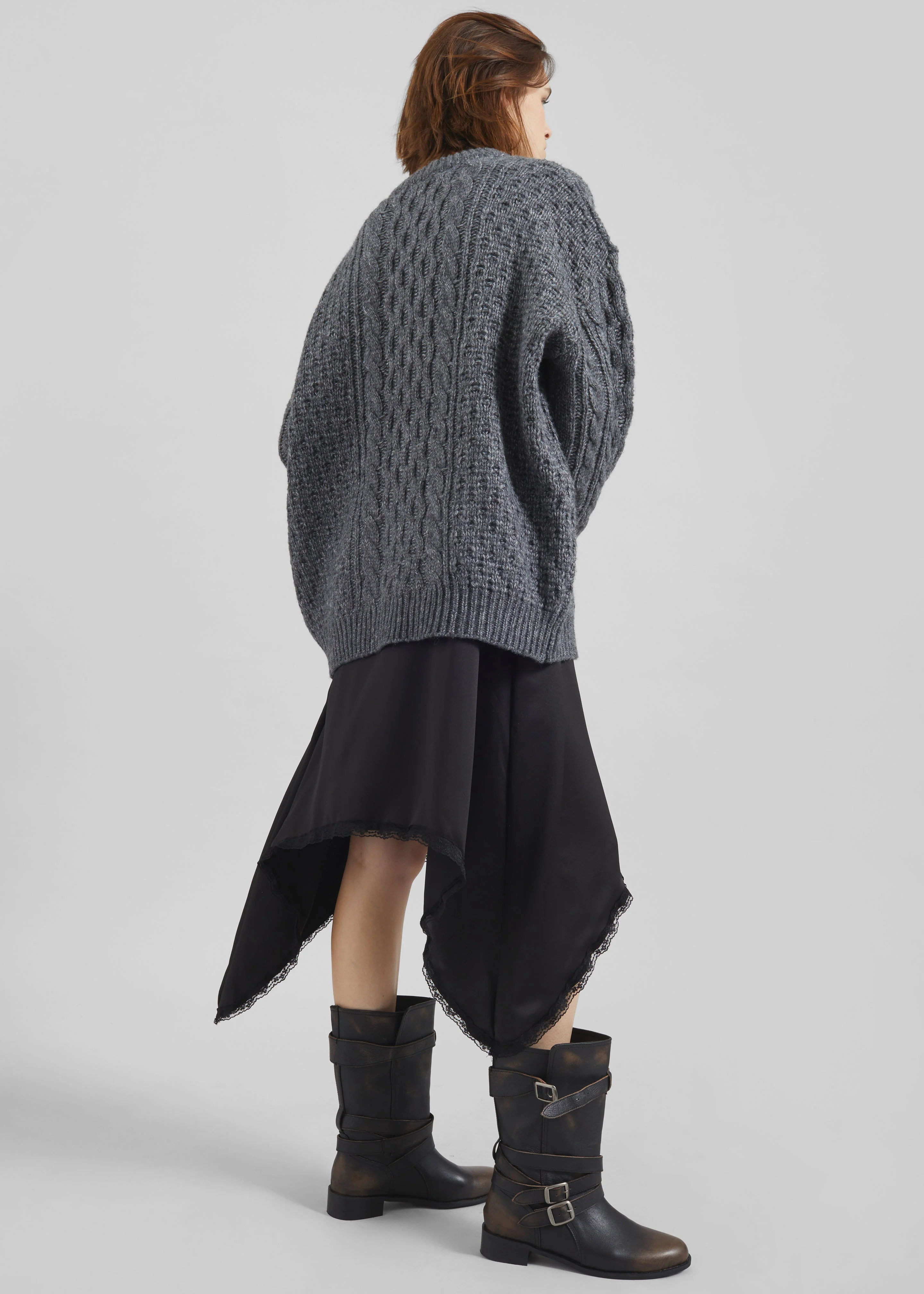 Janesen Oversized Cable Knit Sweater - Grey Melange - Image 7