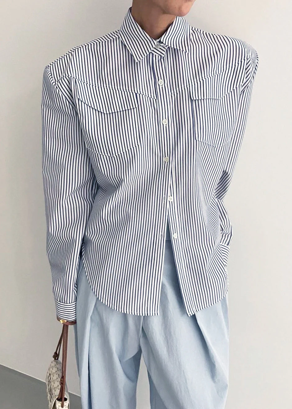 Jeanne Padded Shirt - Navy Stripe - Image 8