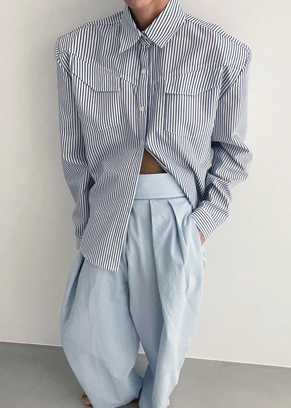 Jeanne Padded Shirt - Navy Stripe - Image 9