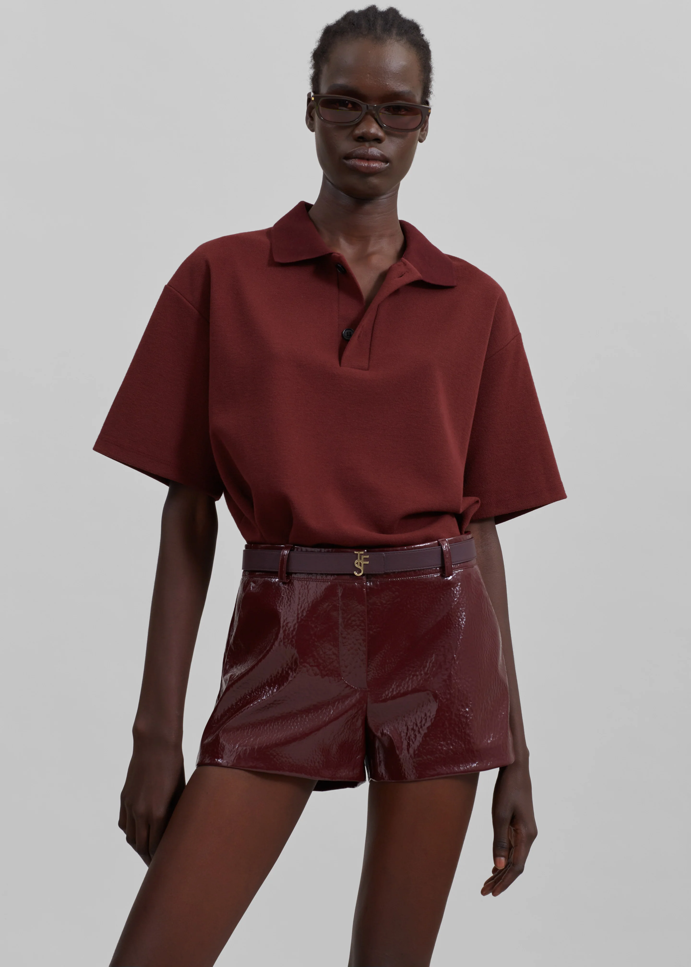 Kate Crackled Faux Leather Mini Shorts - Burgundy - Image 3