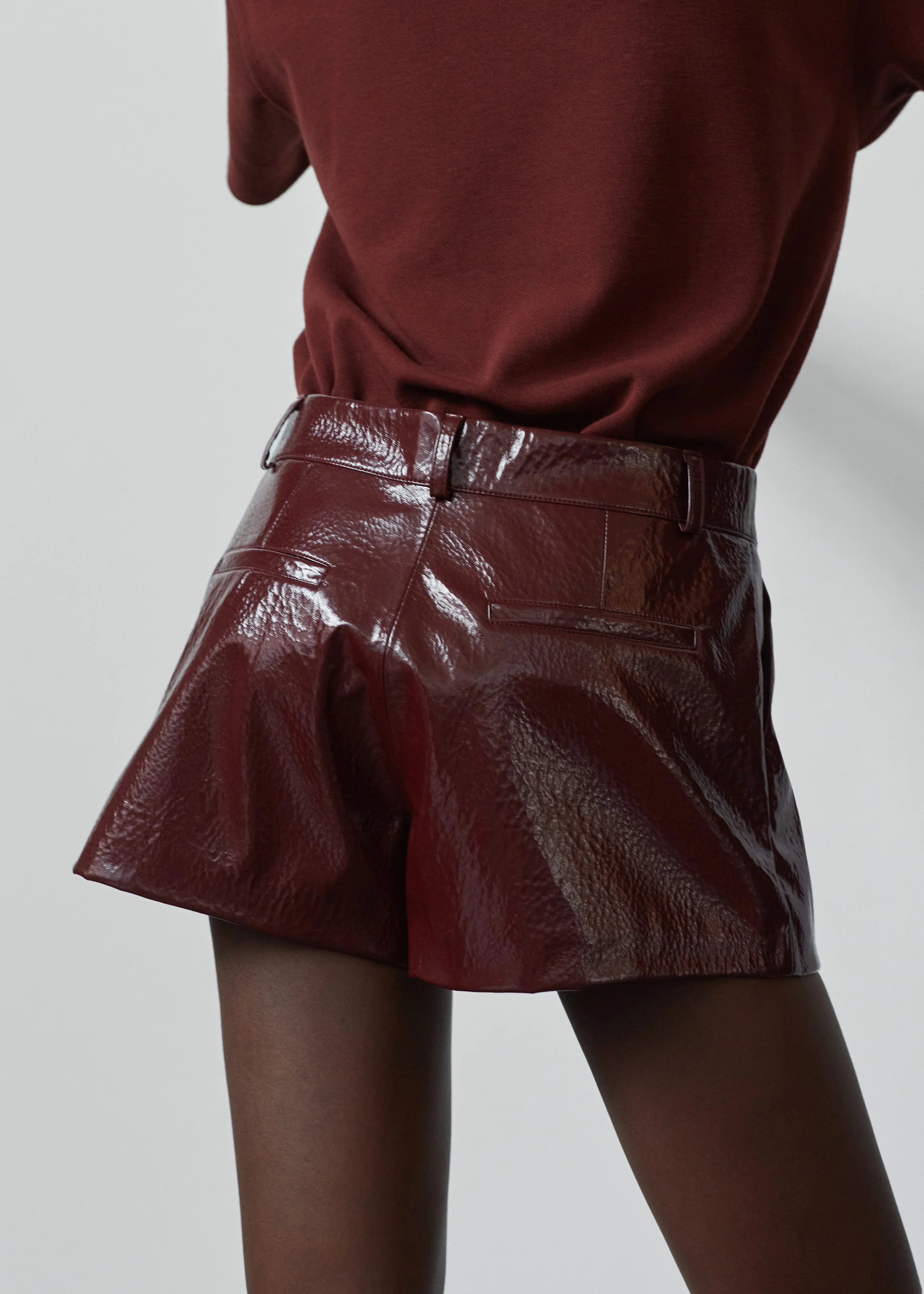 Kate Crackled Faux Leather Mini Shorts - Burgundy - Image 5
