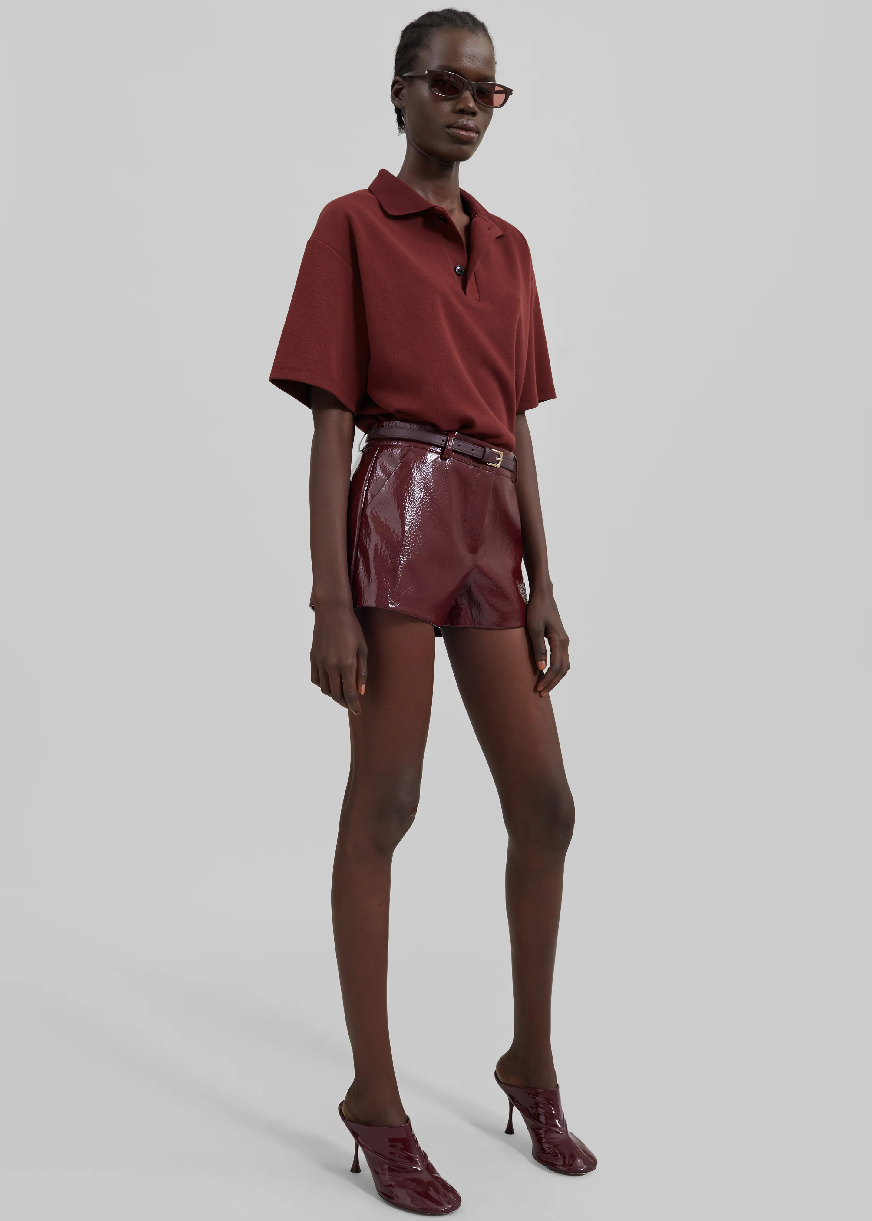 Kate Crackled Faux Leather Mini Shorts - Burgundy - Image 6
