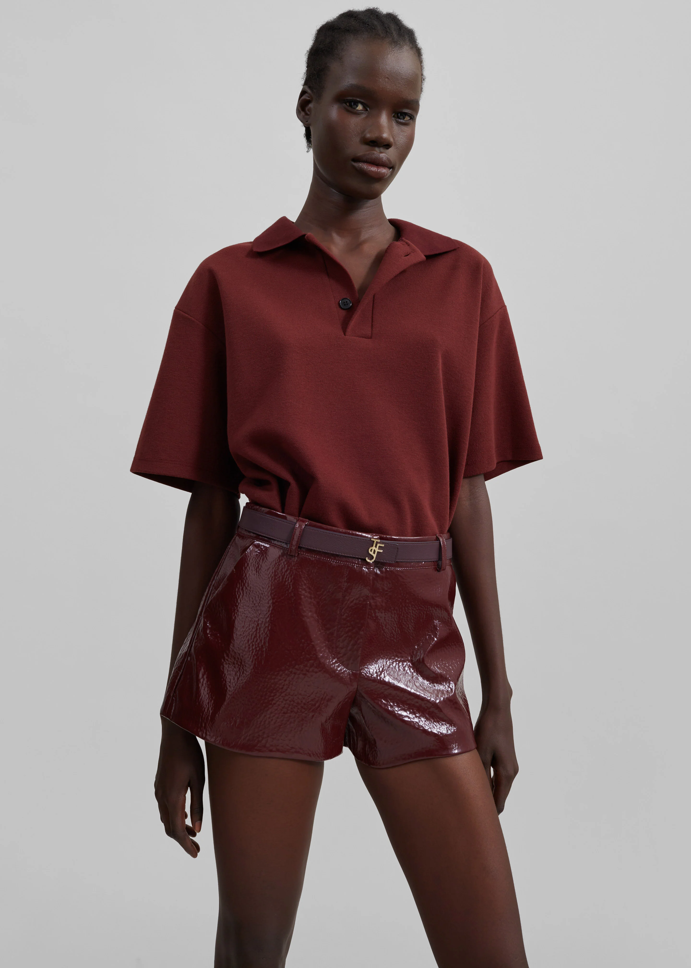 Kate Crackled Faux Leather Mini Shorts - Burgundy - Image 7