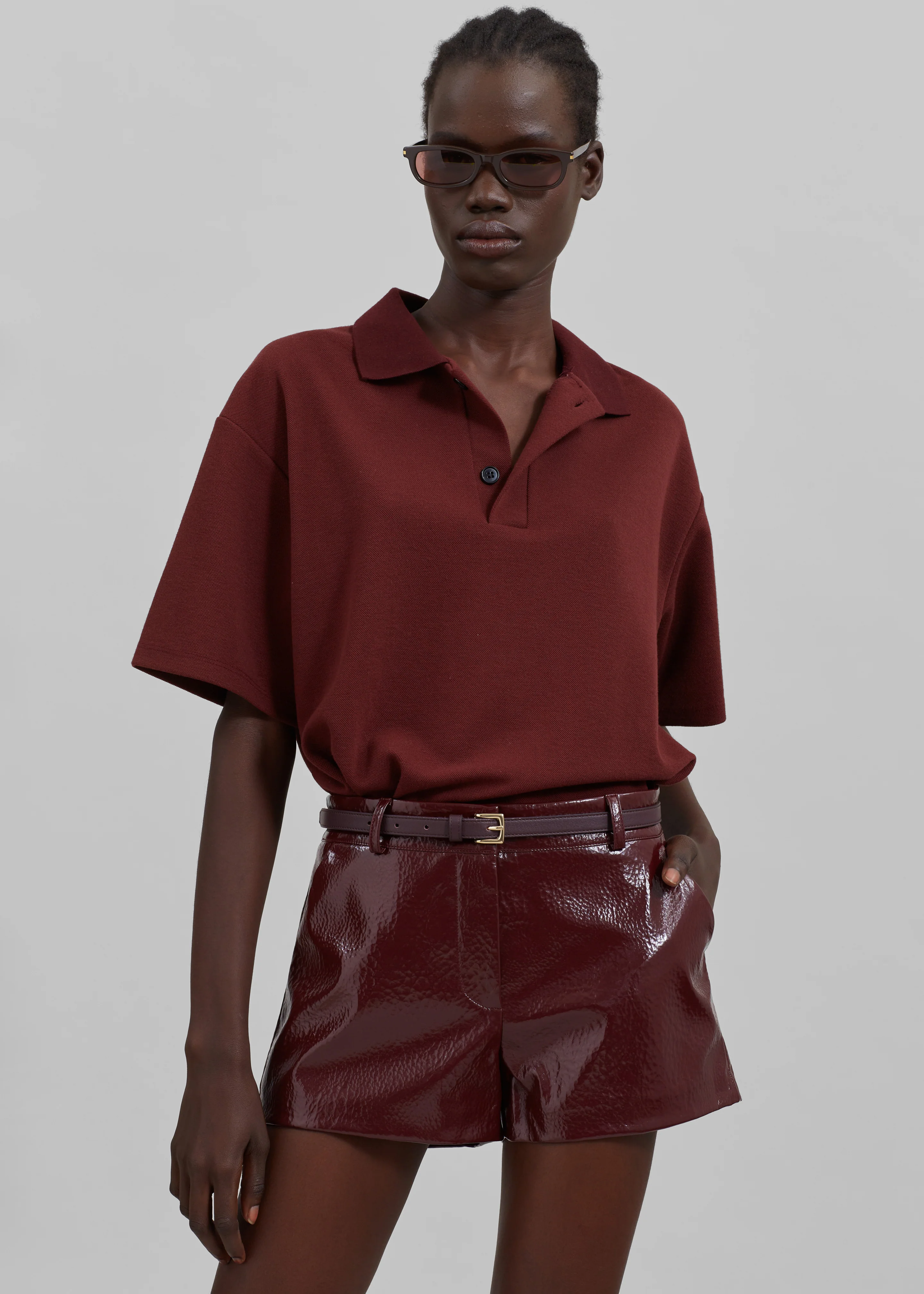 Kate Crackled Faux Leather Mini Shorts - Burgundy - Image 9