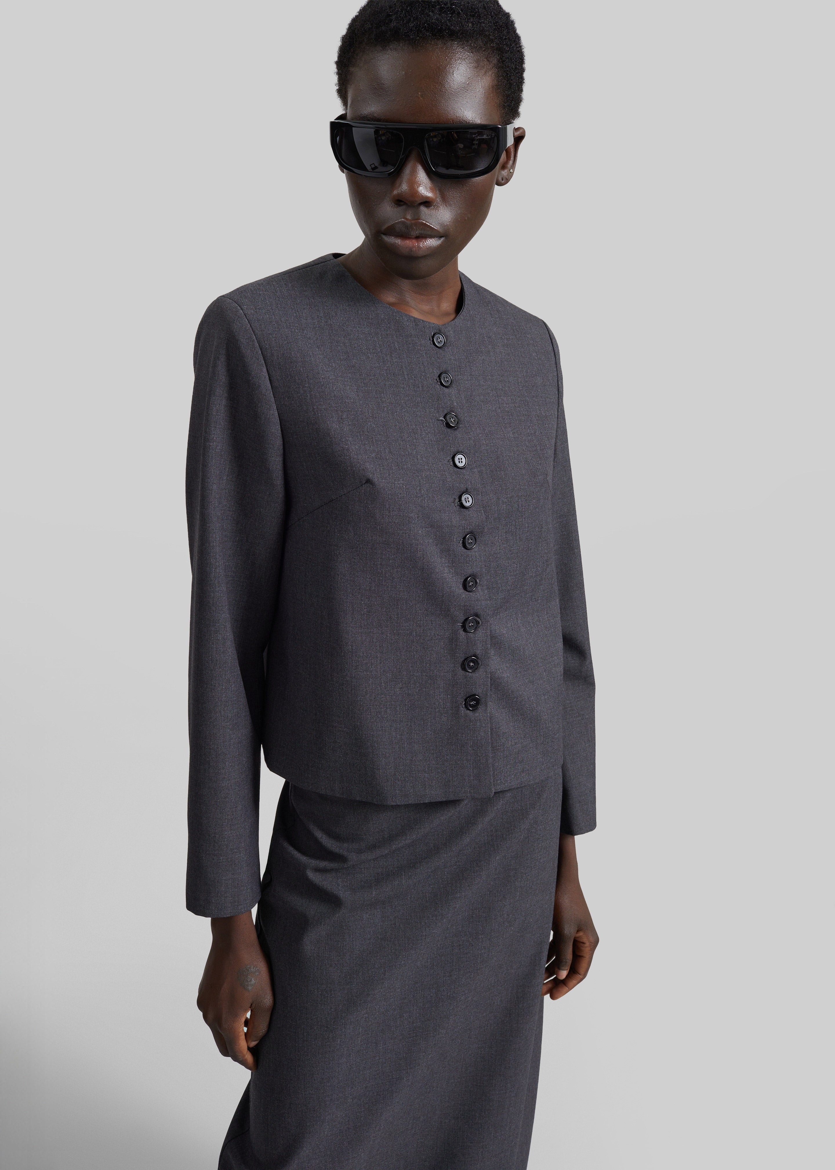 Katya Button-Up Boxy Top - Dark Grey Melange