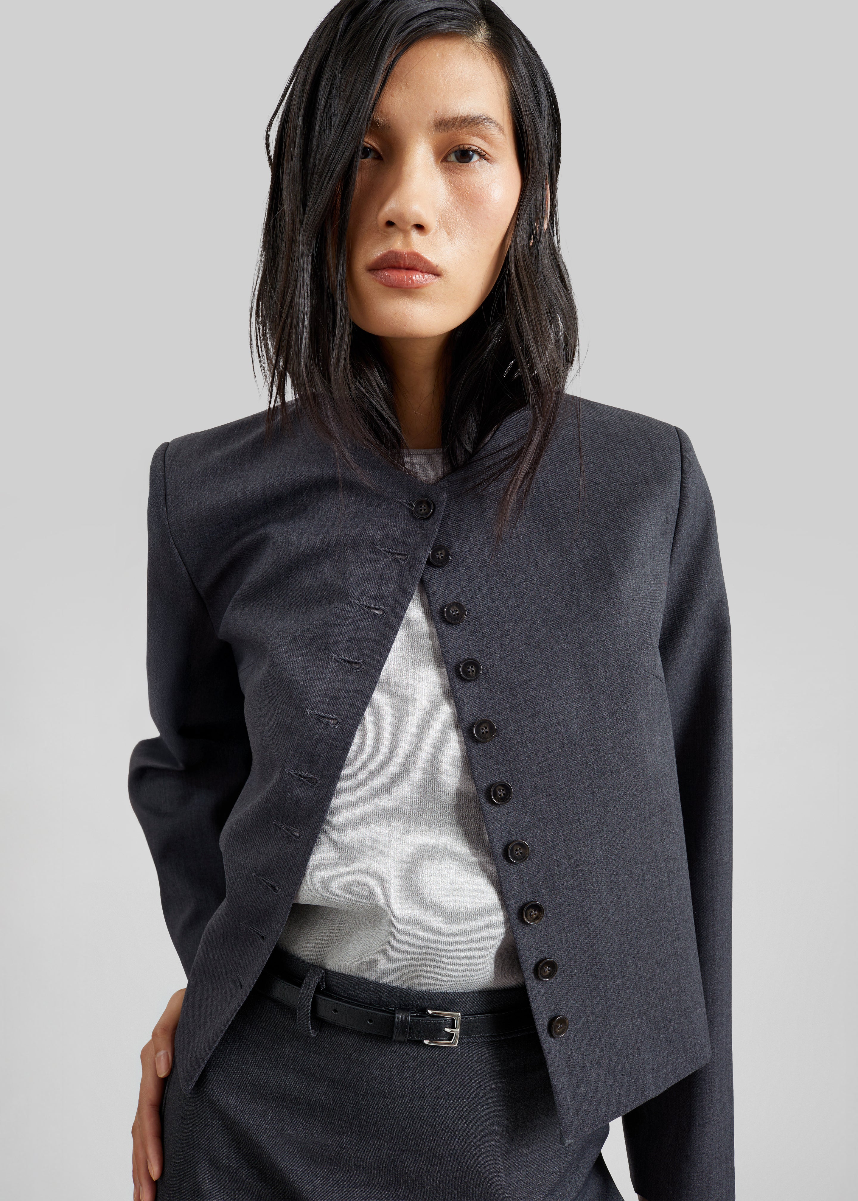 Katya Button-Up Boxy Top - Dark Grey Melange - Image 12