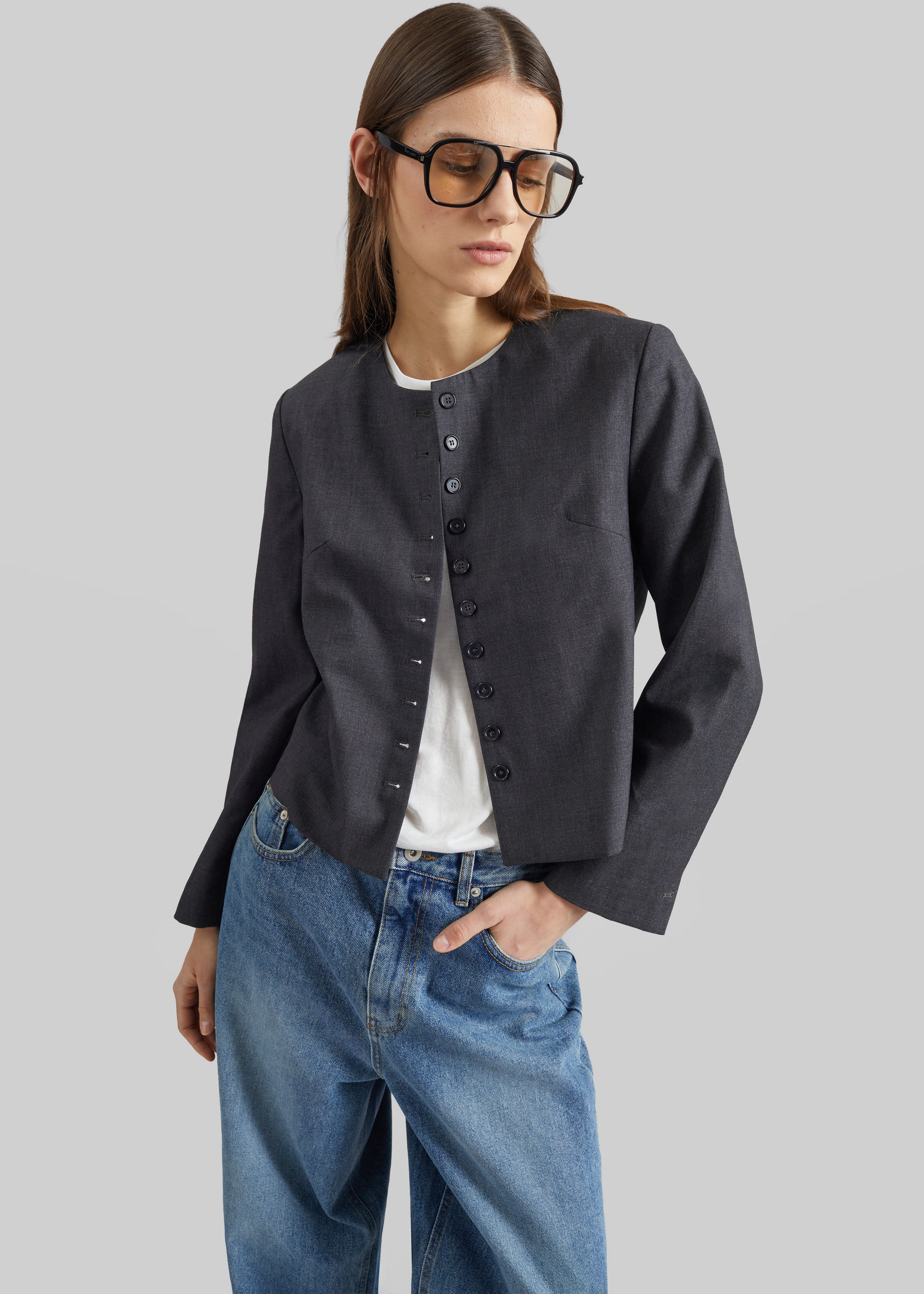 Katya Button-Up Boxy Top - Dark Grey Melange - Image 3
