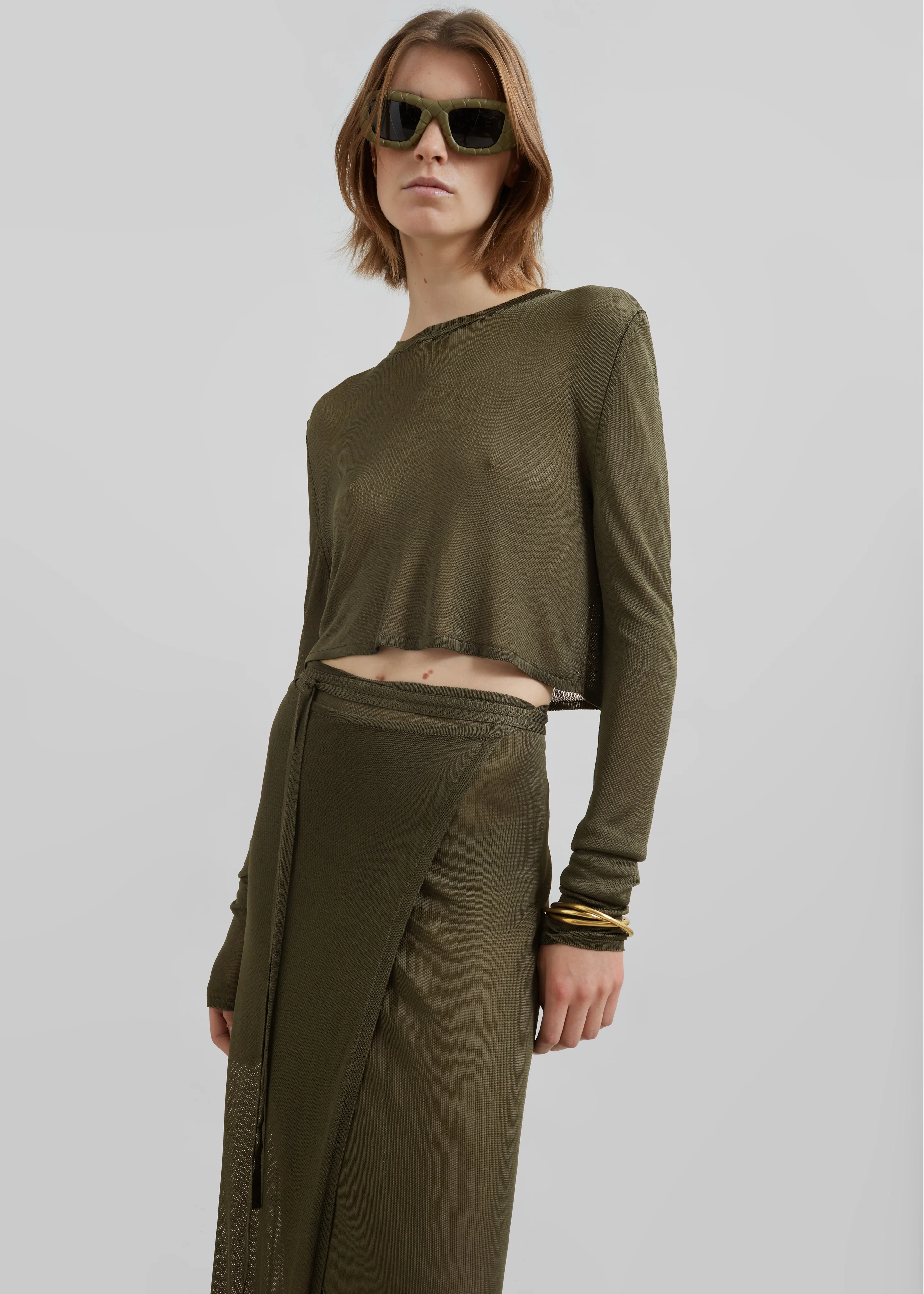 Kazel Cropped Thin Knit Top - Khaki - Image 2