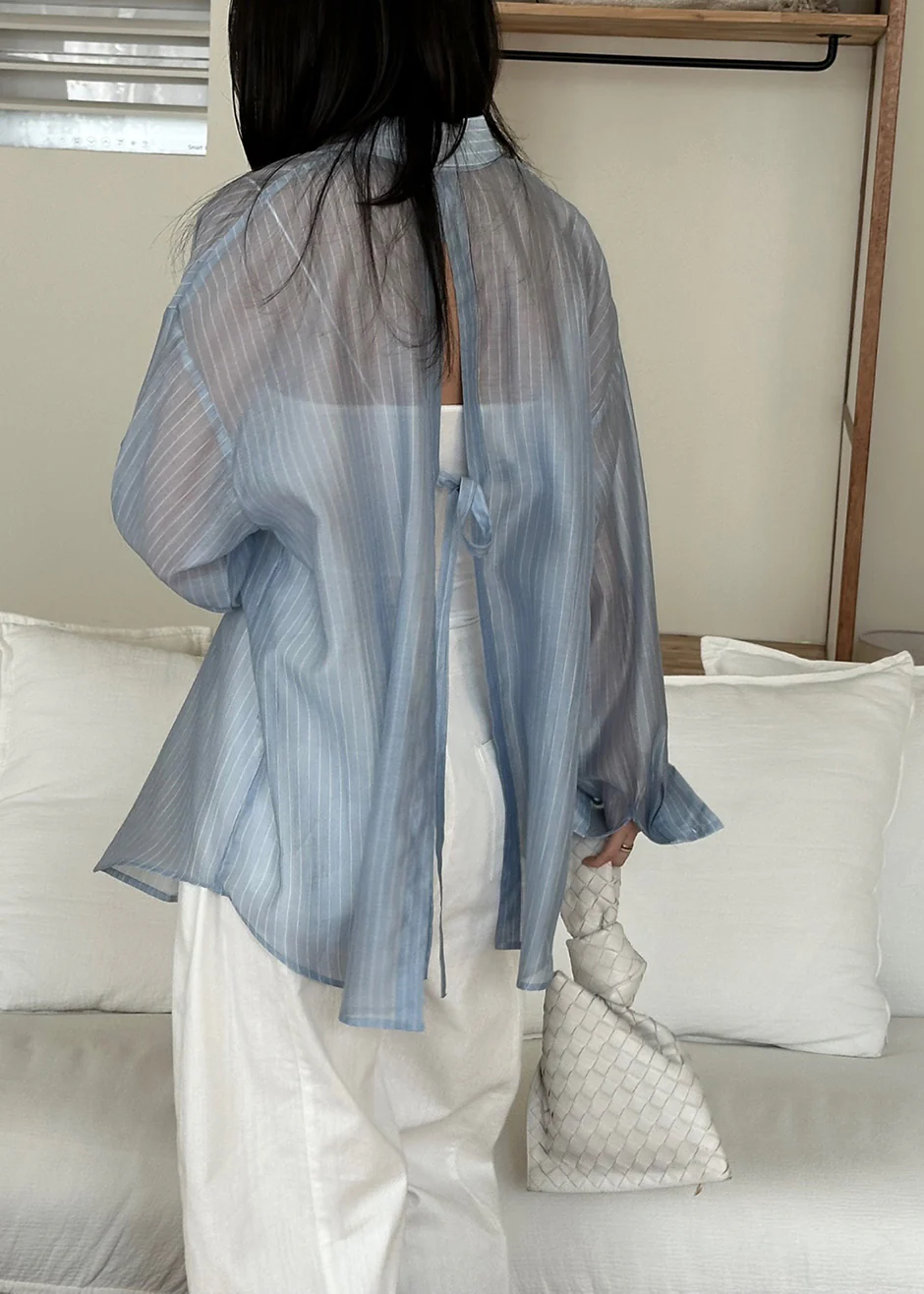 Kesin Open Back Shirt - Blue/White Stripe - Image 4