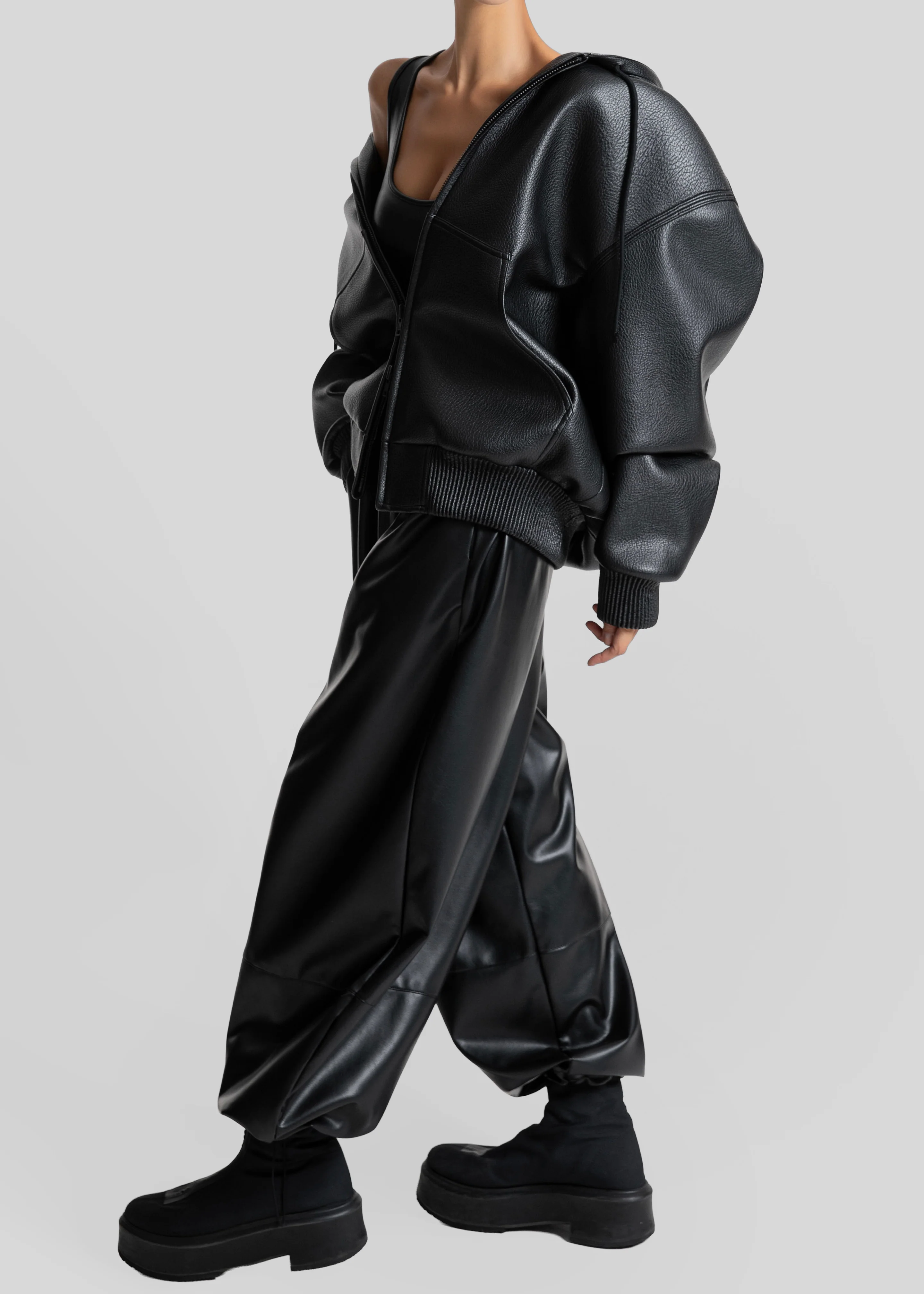 Kodai Faux Leather Bomber Jacket - Black - Image 6