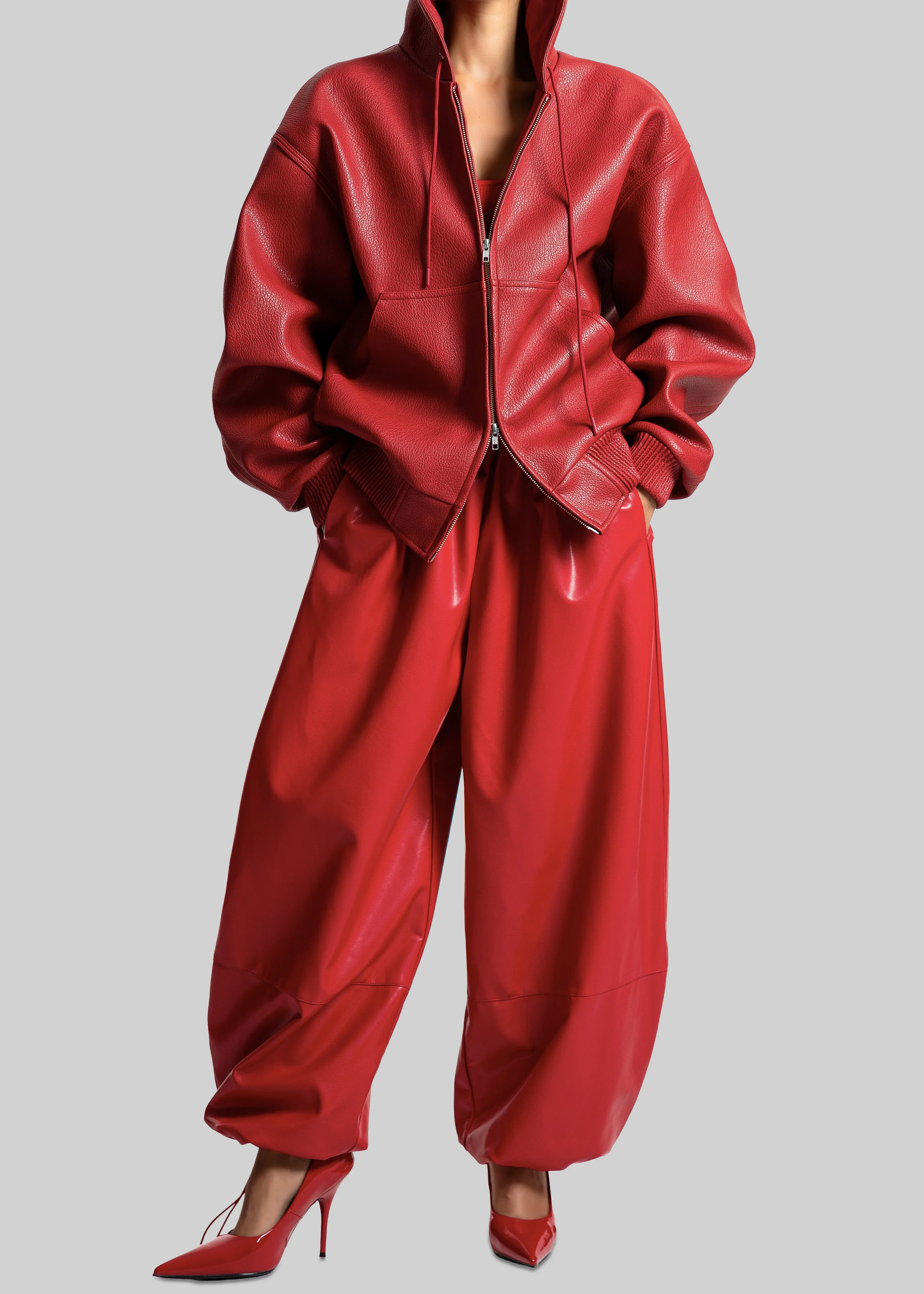 Kodai Faux Leather Bomber Jacket - Red - Image 4