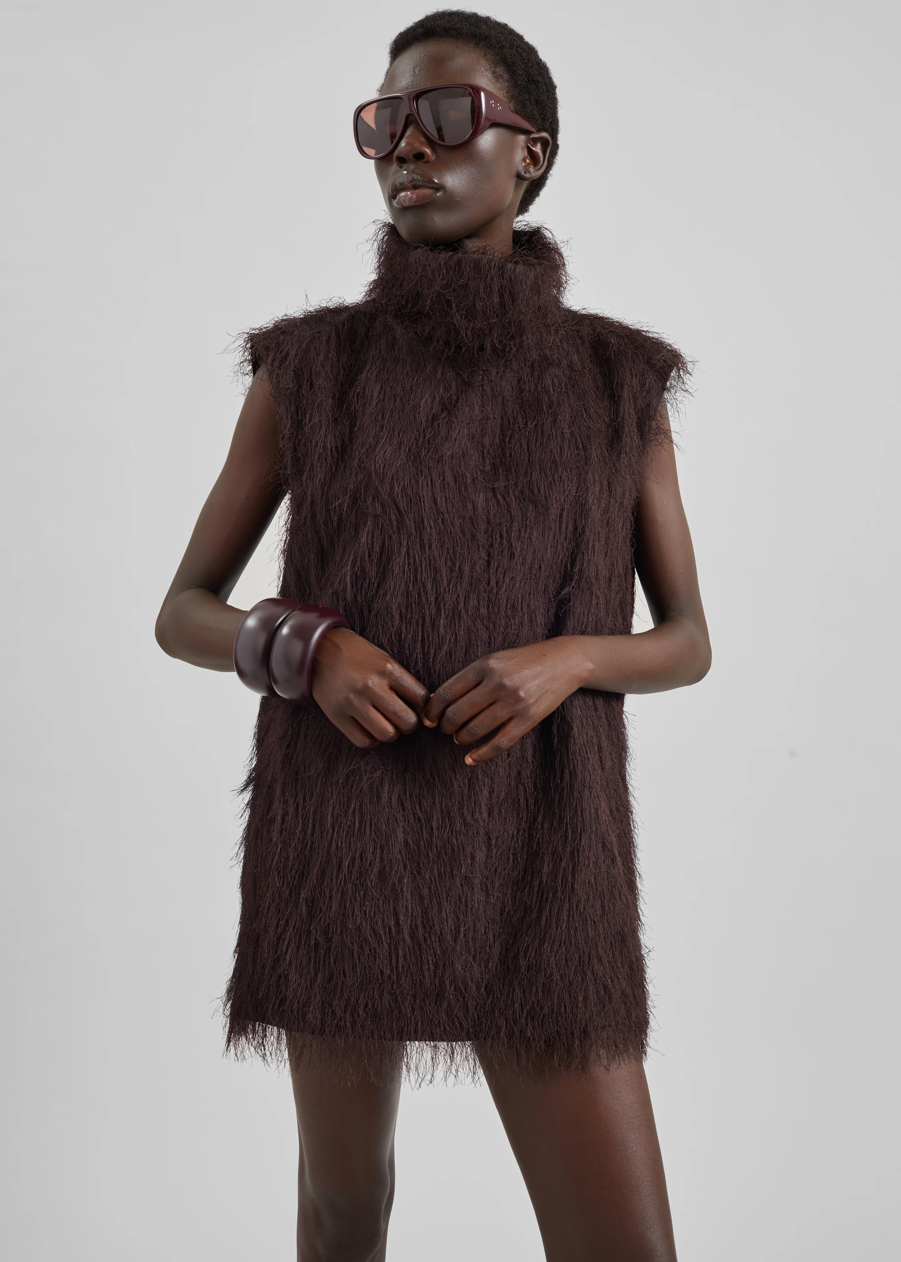 Lancy Fringed Funnel Neck Dress - Dark Brown - Image 5