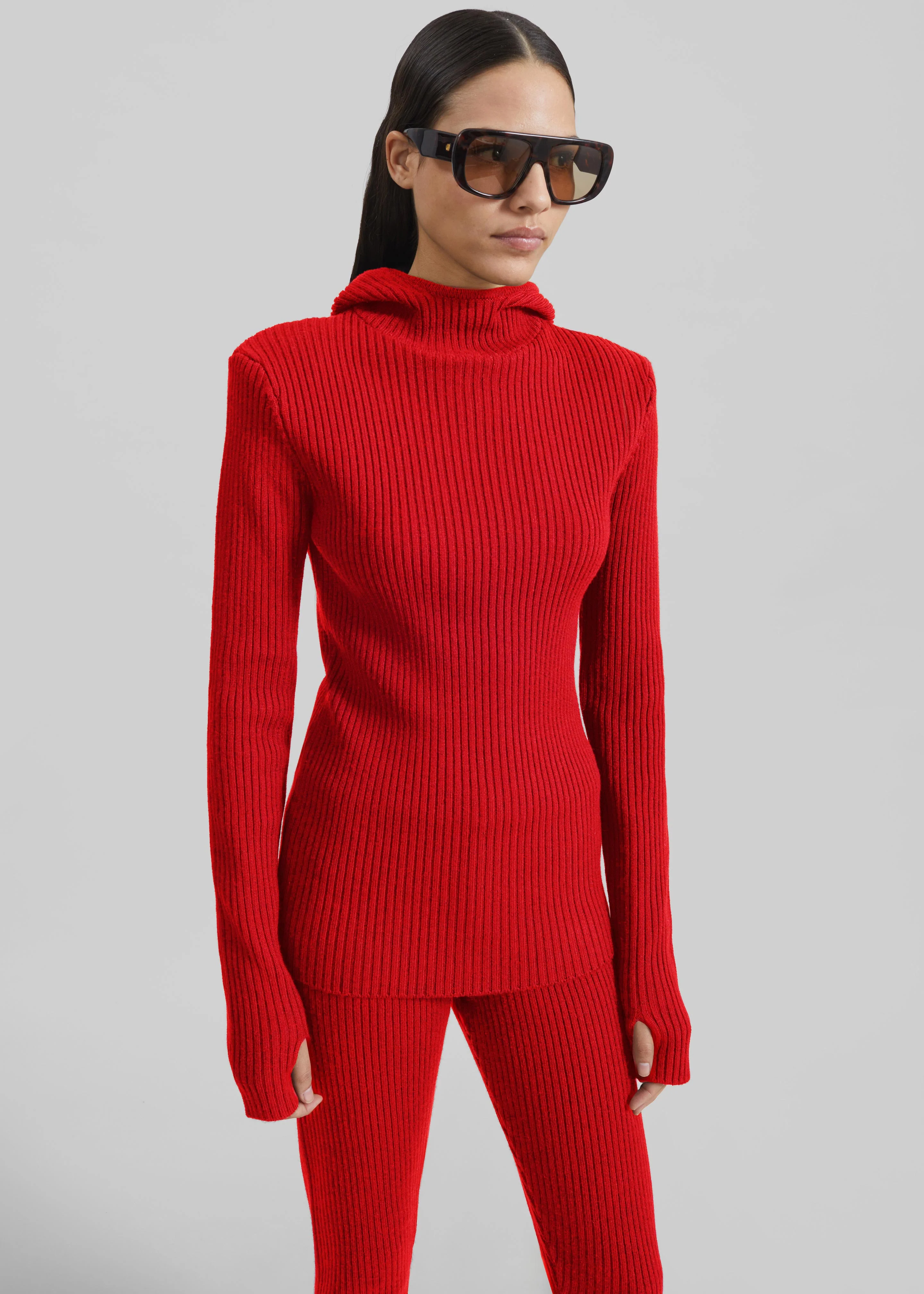 Larice Hooded Knit Top - Red - Image 3