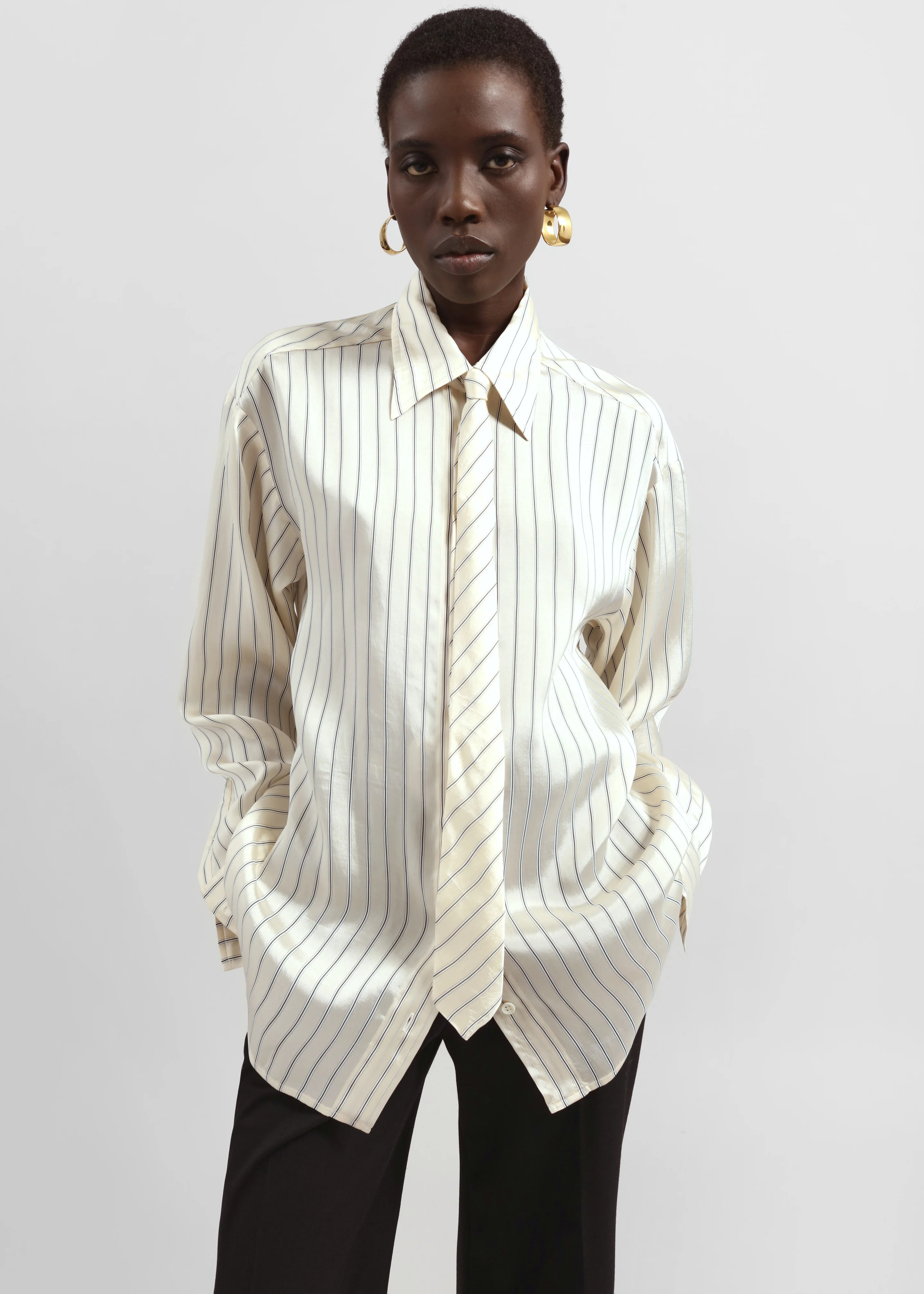 Lene Striped Silk Tie - Cream/Navy Stripe - Image 4