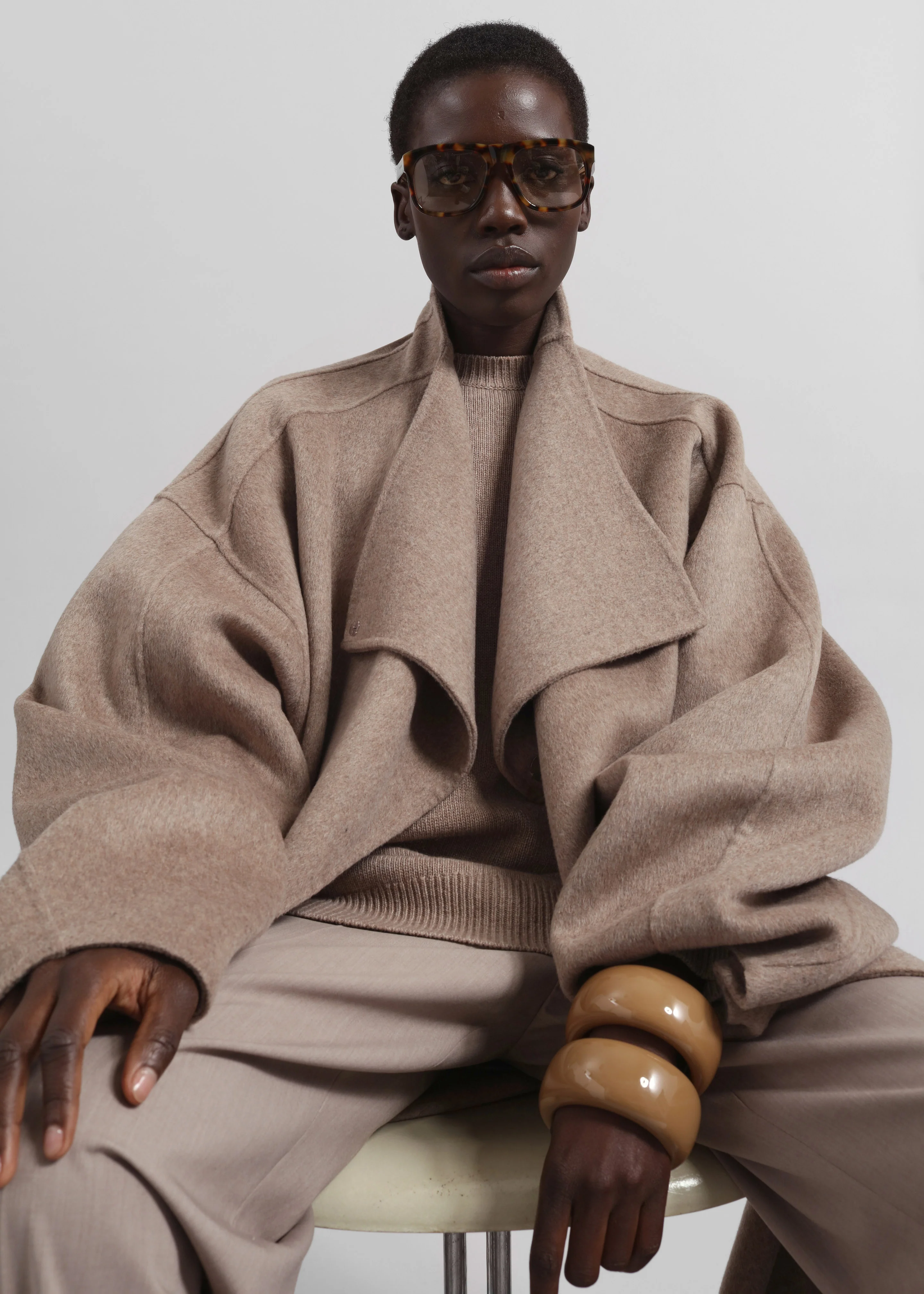 Leroy Funnel Neck Wool Coat - Taupe Melange - Image 3