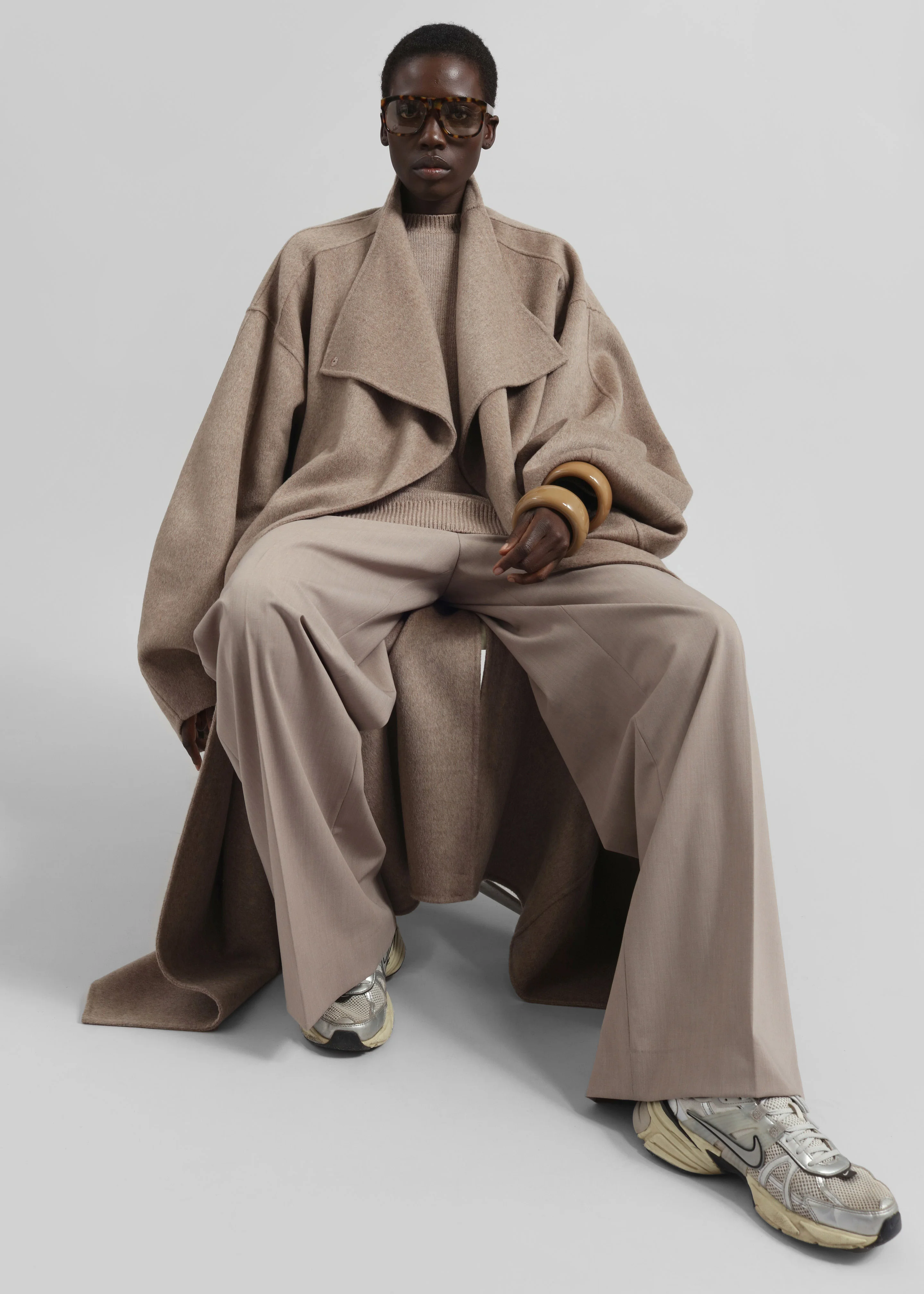 Leroy Funnel Neck Wool Coat - Taupe Melange - Image 4