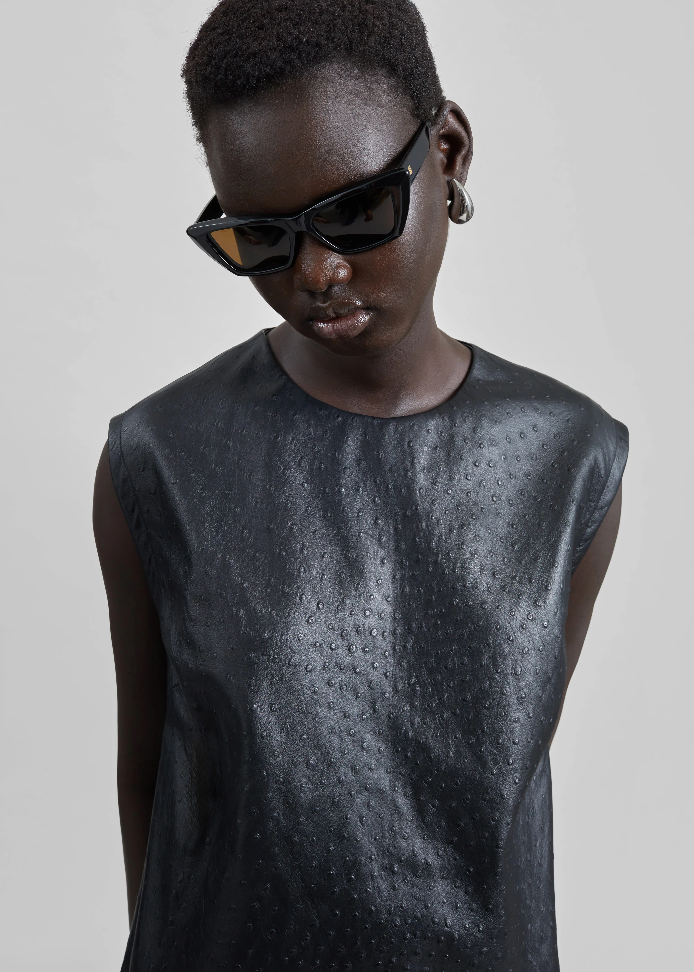 Loulou de Saison Fiza Ostrich-Effect Leather Top - Black - Image 2