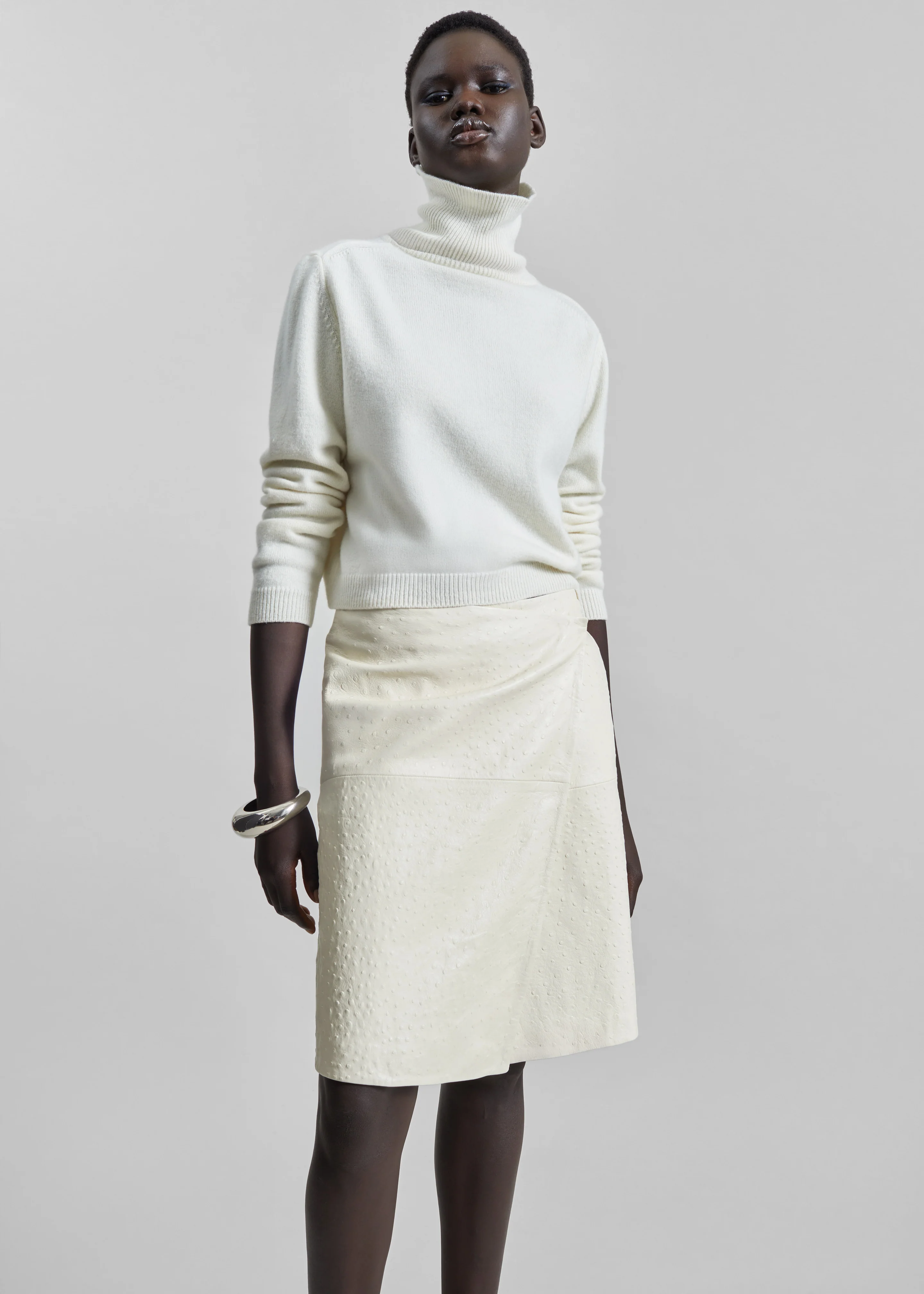 Loulou de Saison Gora Ostrich-Effect Leather Wrap Skirt - Ivory - Image 2