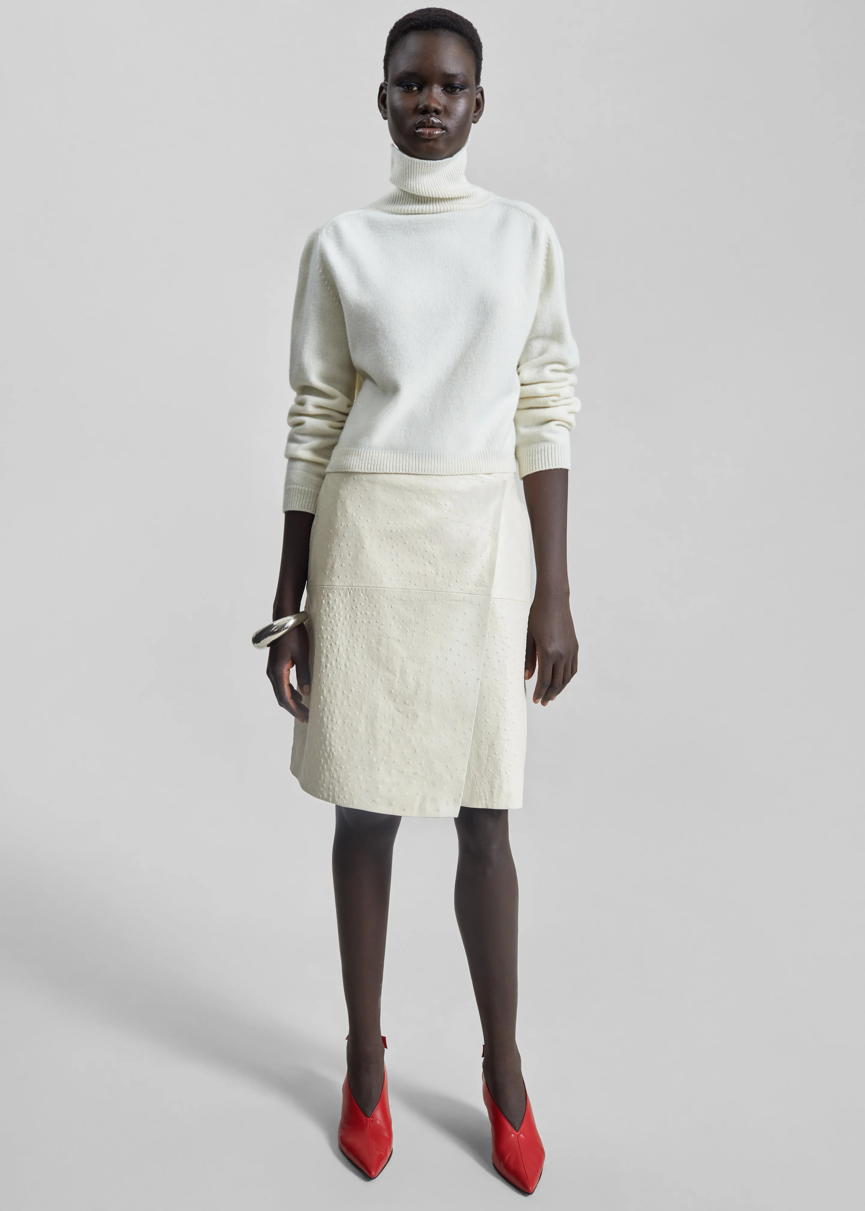 Loulou de Saison Gora Ostrich-Effect Leather Wrap Skirt - Ivory - Image 4