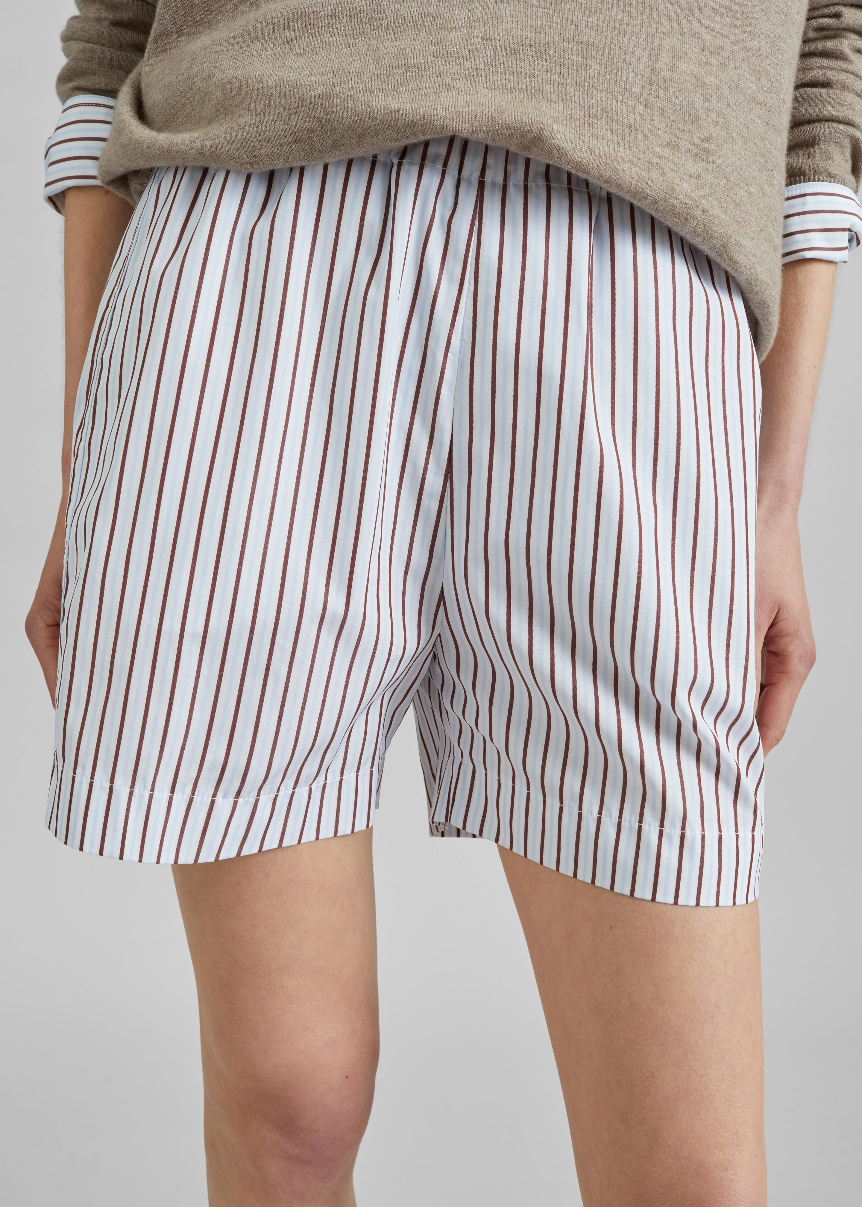 Loulou de Saison Lory Striped Cotton Shorts - Dark Red/Light Blue - Image 5