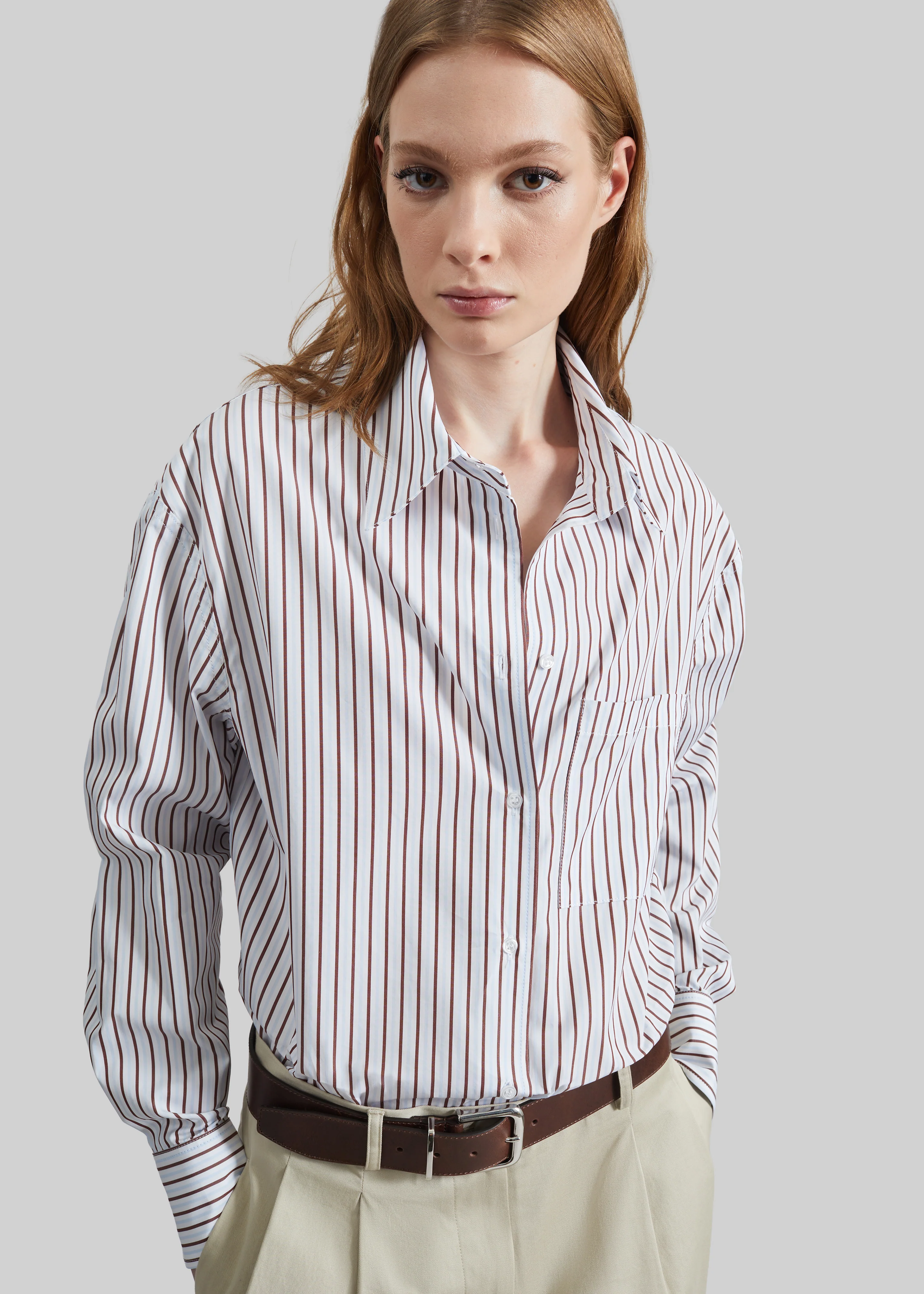 Loulou de Saison Maud Oversized Cotton Poplin Shirt - Dark Red/Light Blue - Image 4