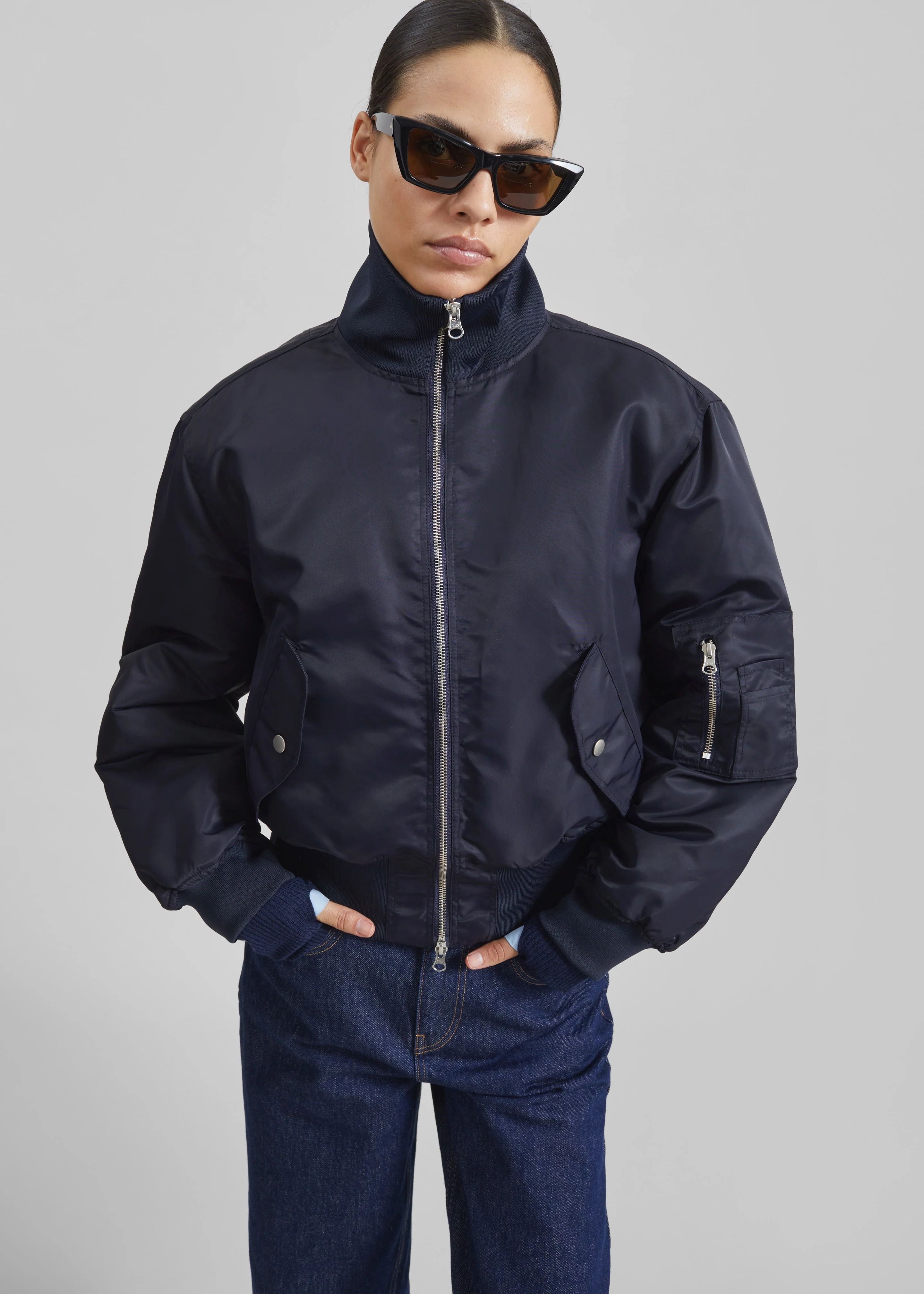 Maloy Cropped Bomber Jacket - Navy - Image 6